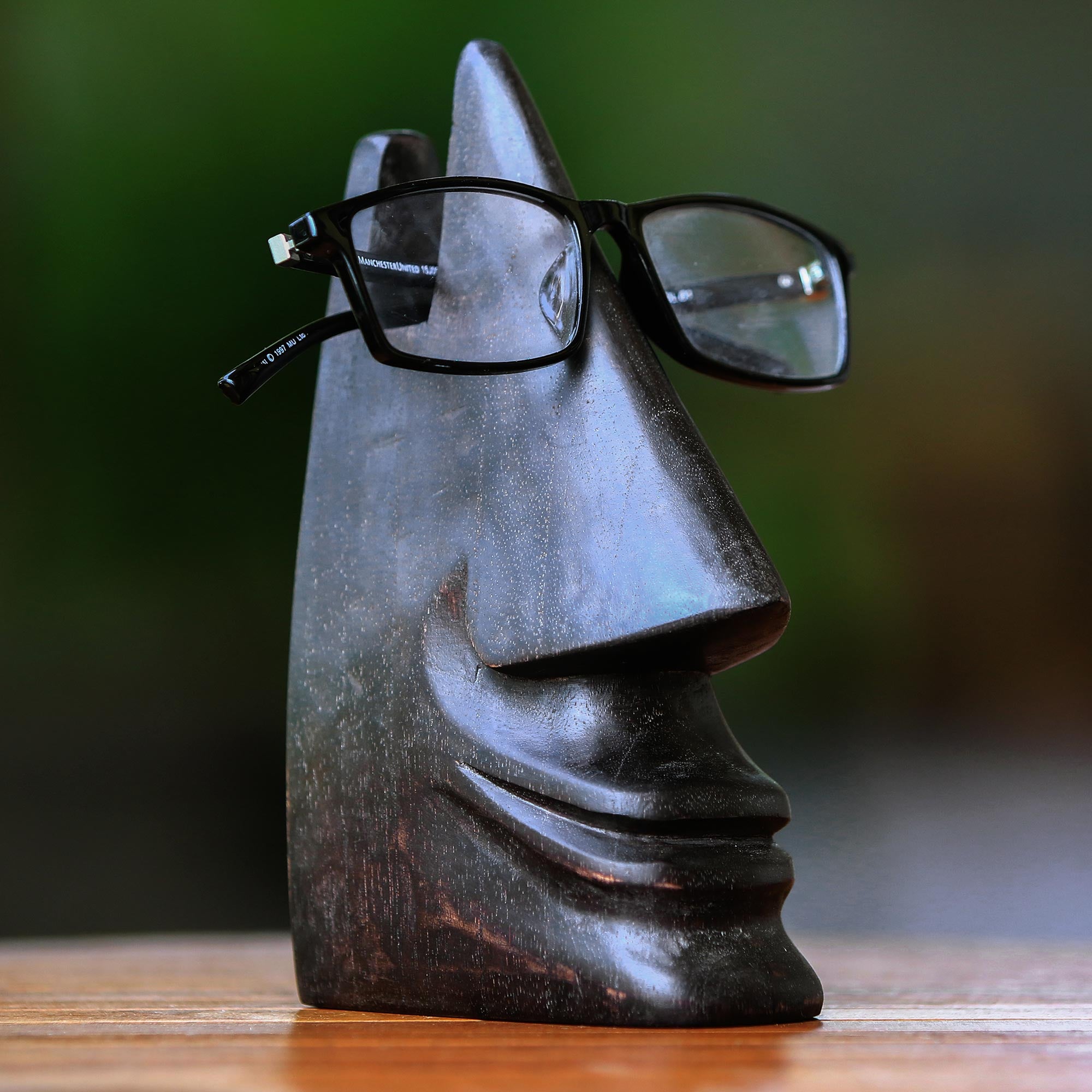 Premium Whimsical Dark Brown Wooden Eyeglass Holder - Hand Carved Nose Design