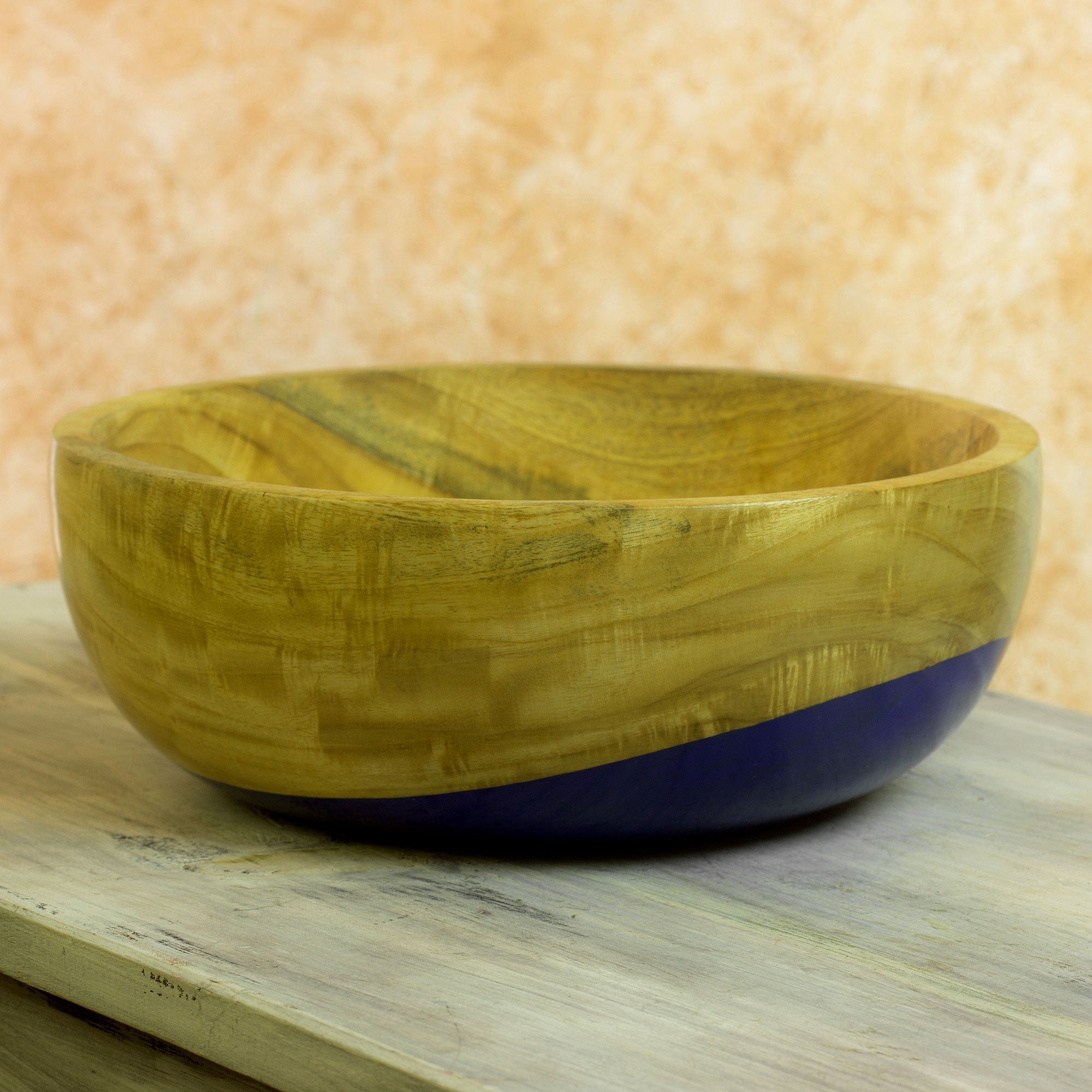 Premium Handcrafted Blue Dipped Wooden Bowl - Large