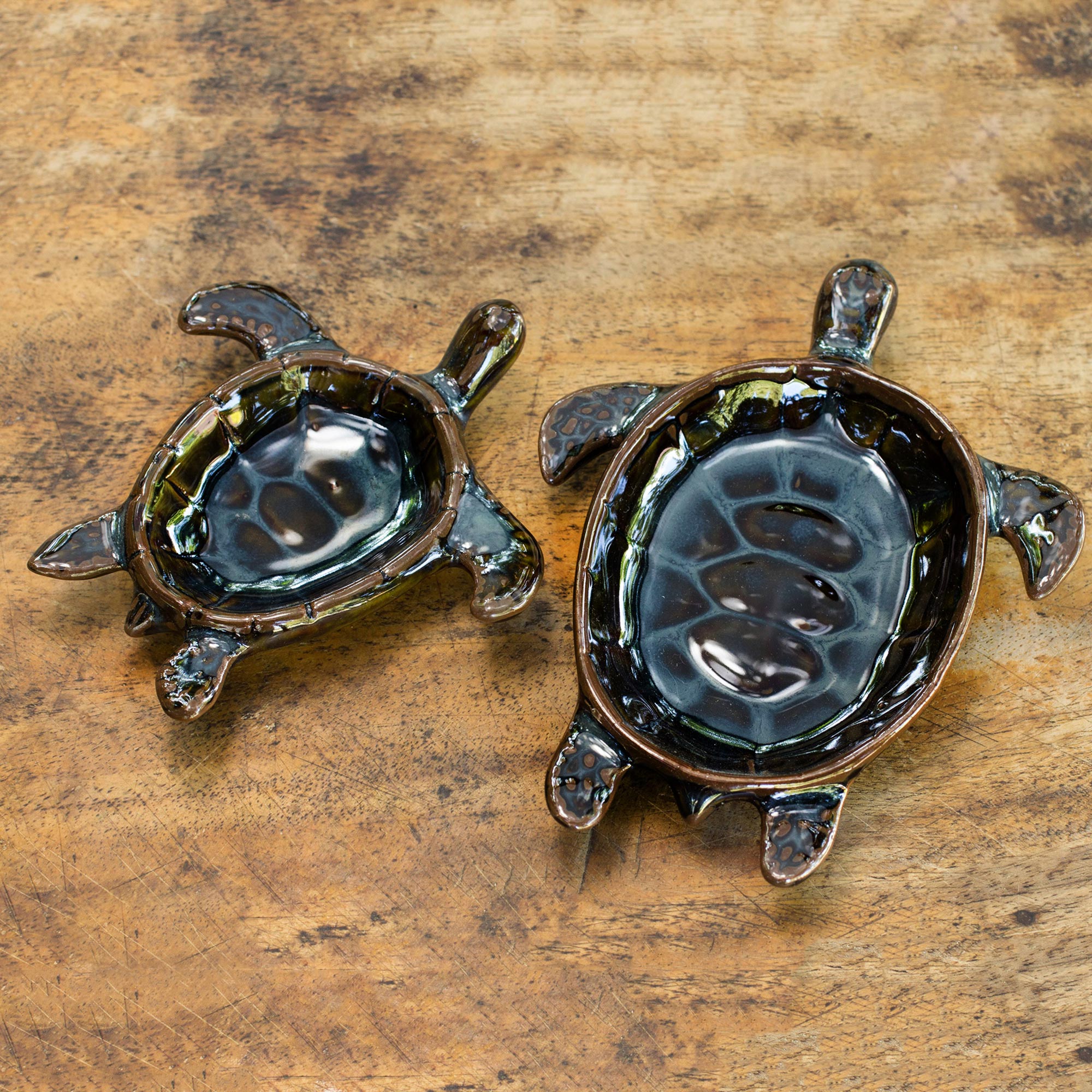 Premium Handcrafted Thai Ceramic Turtle Bowls - Indigo Blue & Brown Glaze (Set of 2)