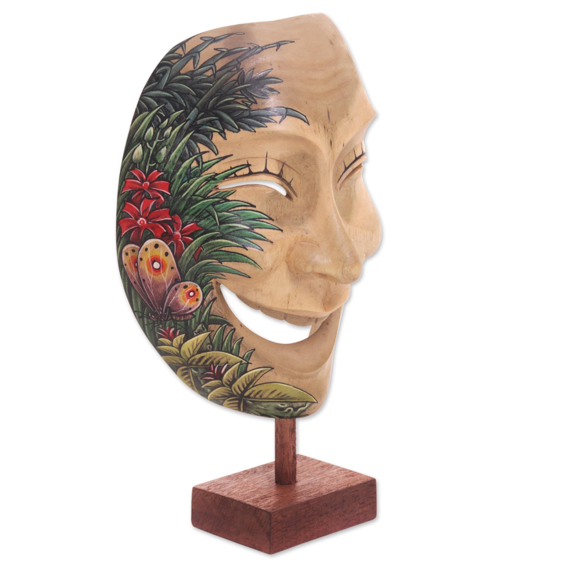 Premium Balinese Handcrafted Hibiscus Wood Mask with Butterfly Motif