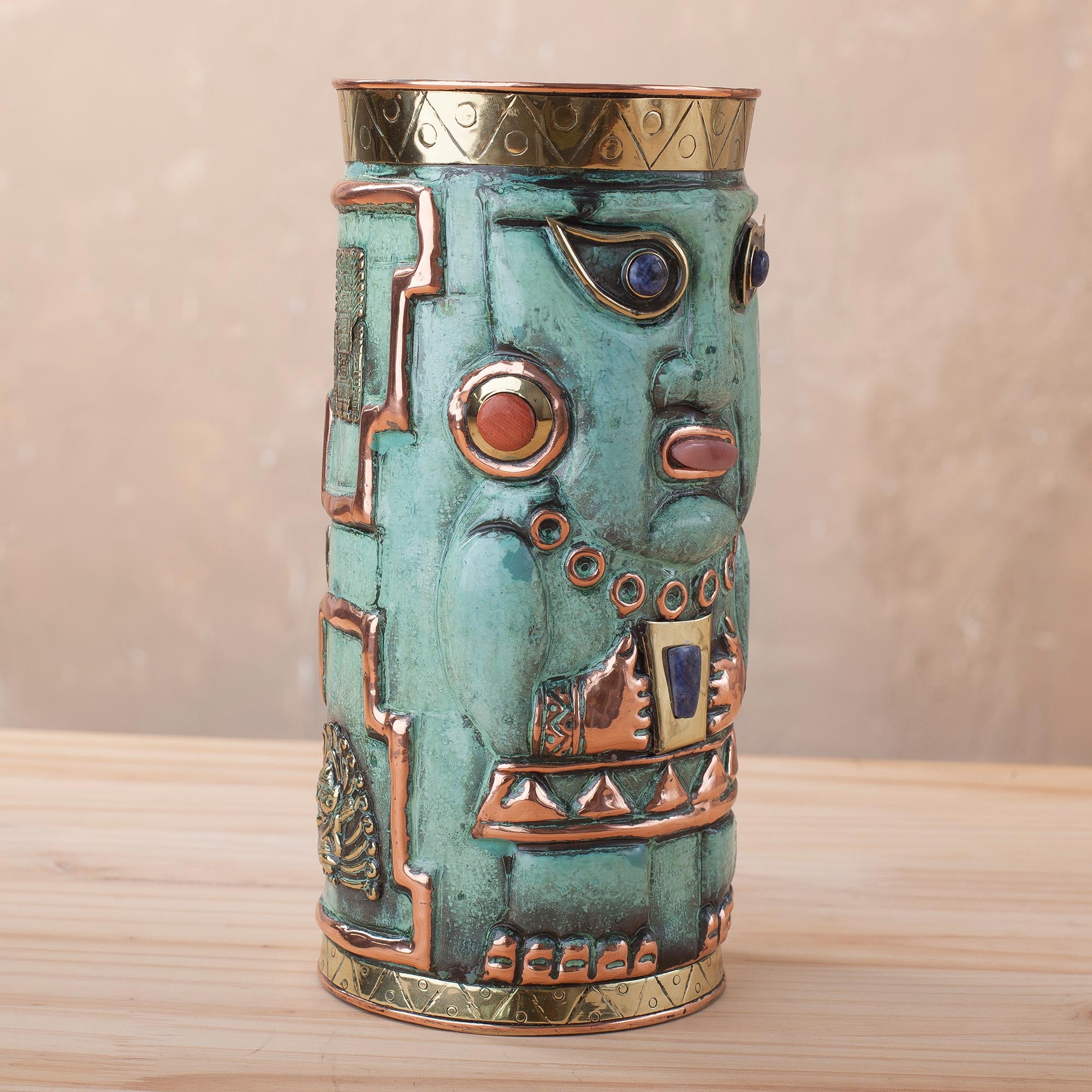 Premium Andean Warrior Gemstone Vase - Handcrafted Copper Art from Peru