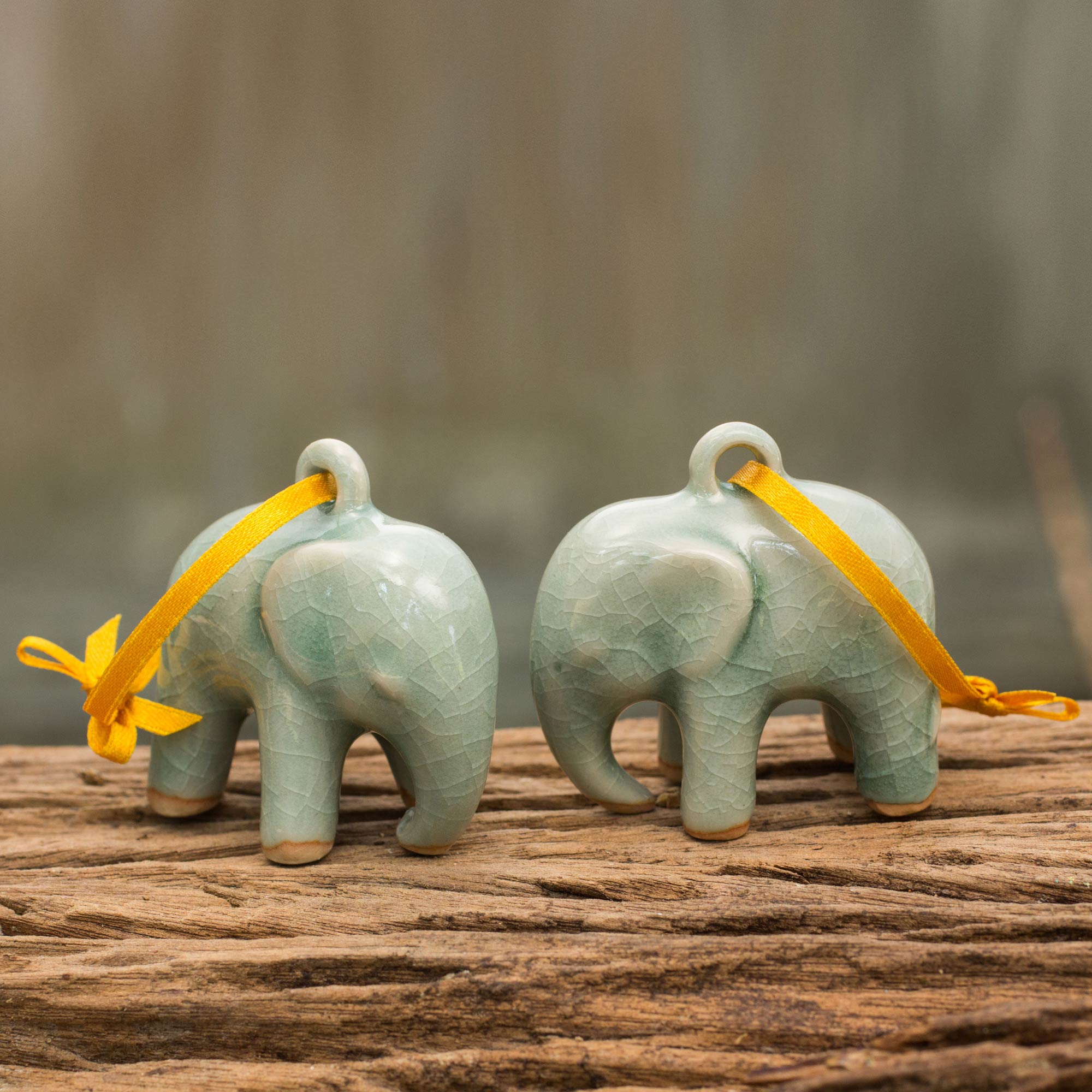 Premium Light Blue Elephant Celadon Ceramic Ornaments – Crackled Green Finish (Pair)