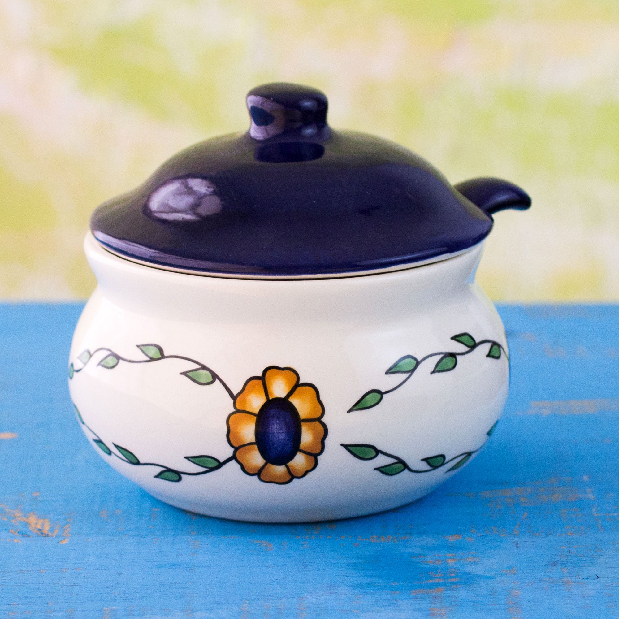 Premium Margarita Floral Ceramic Sugar Bowl with Spoon