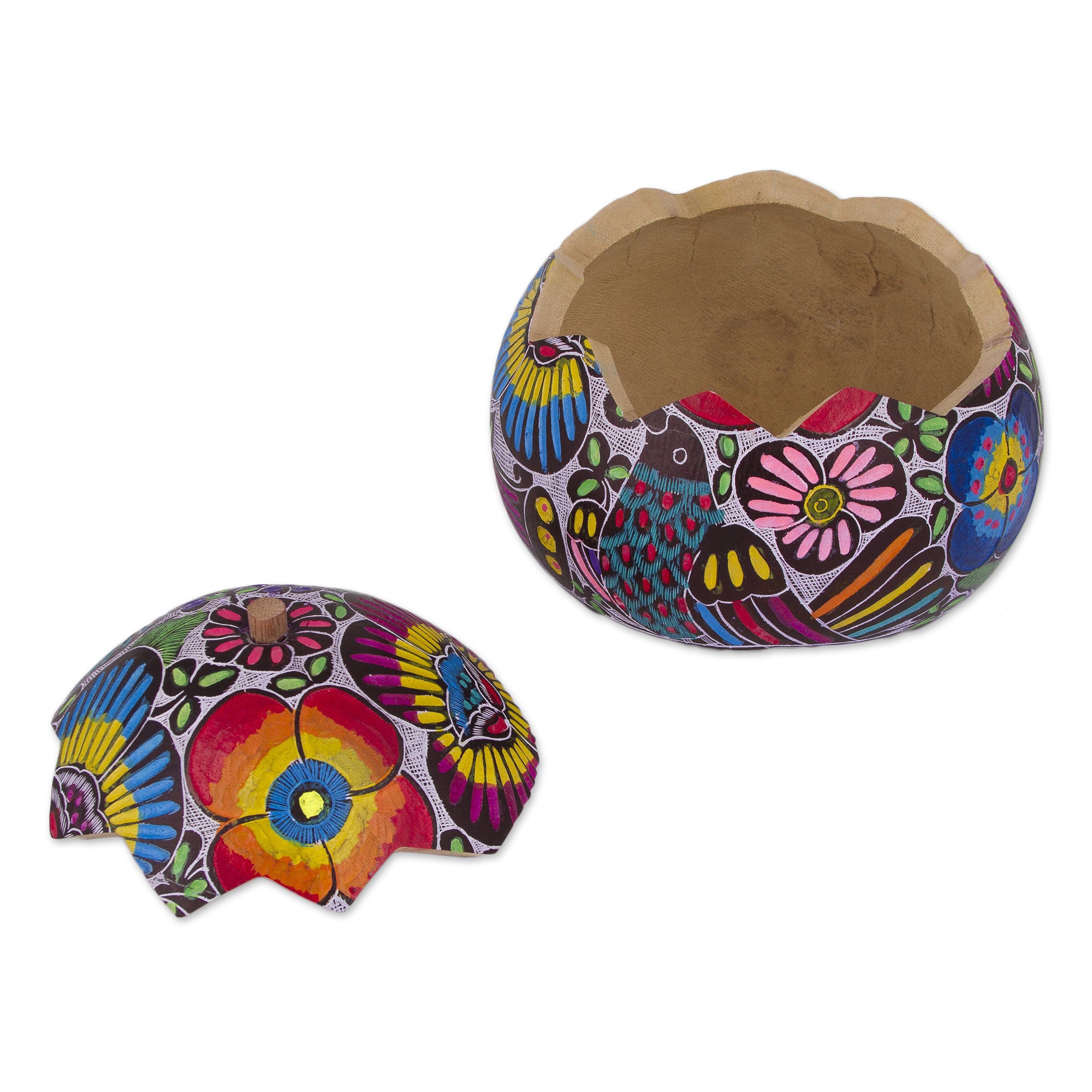 Premium Hand-Carved Andean Garden Gourd Box - Vibrant Birds & Flowers Design