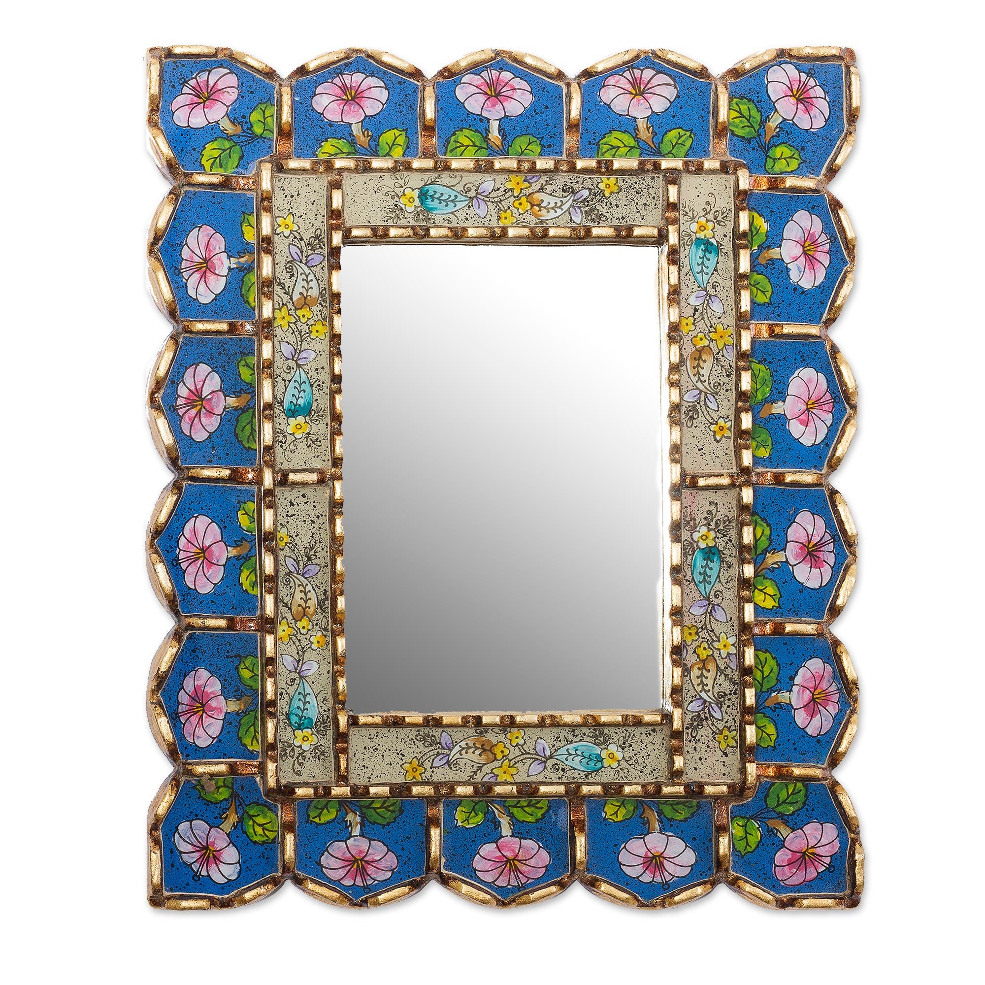 Premium Colonial Reverse-Painted Glass Wall Mirror with Floral Motif