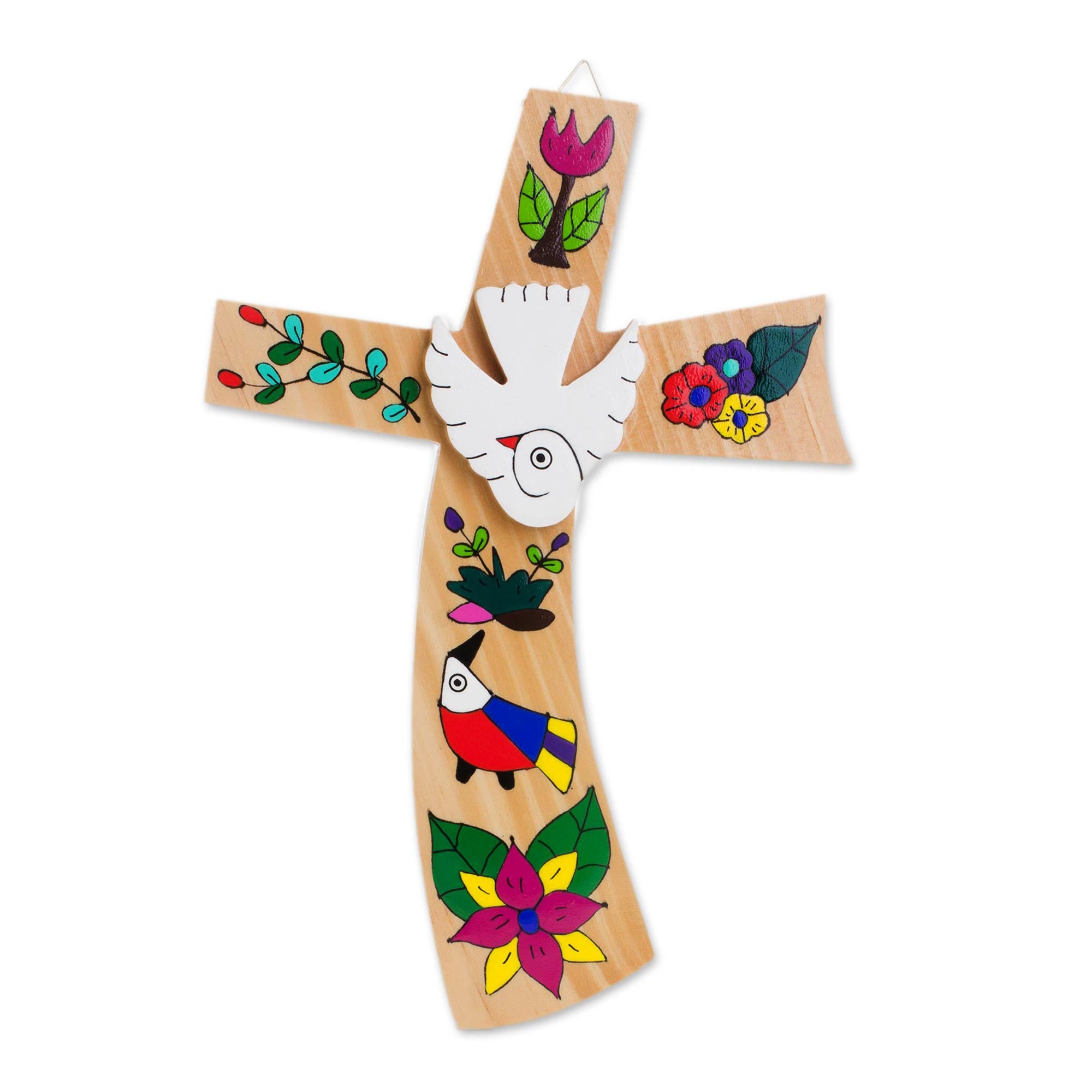 Premium Hand-Painted Pinewood Wall Cross with Bird & Floral Motifs – Holy Spirit Dove Design