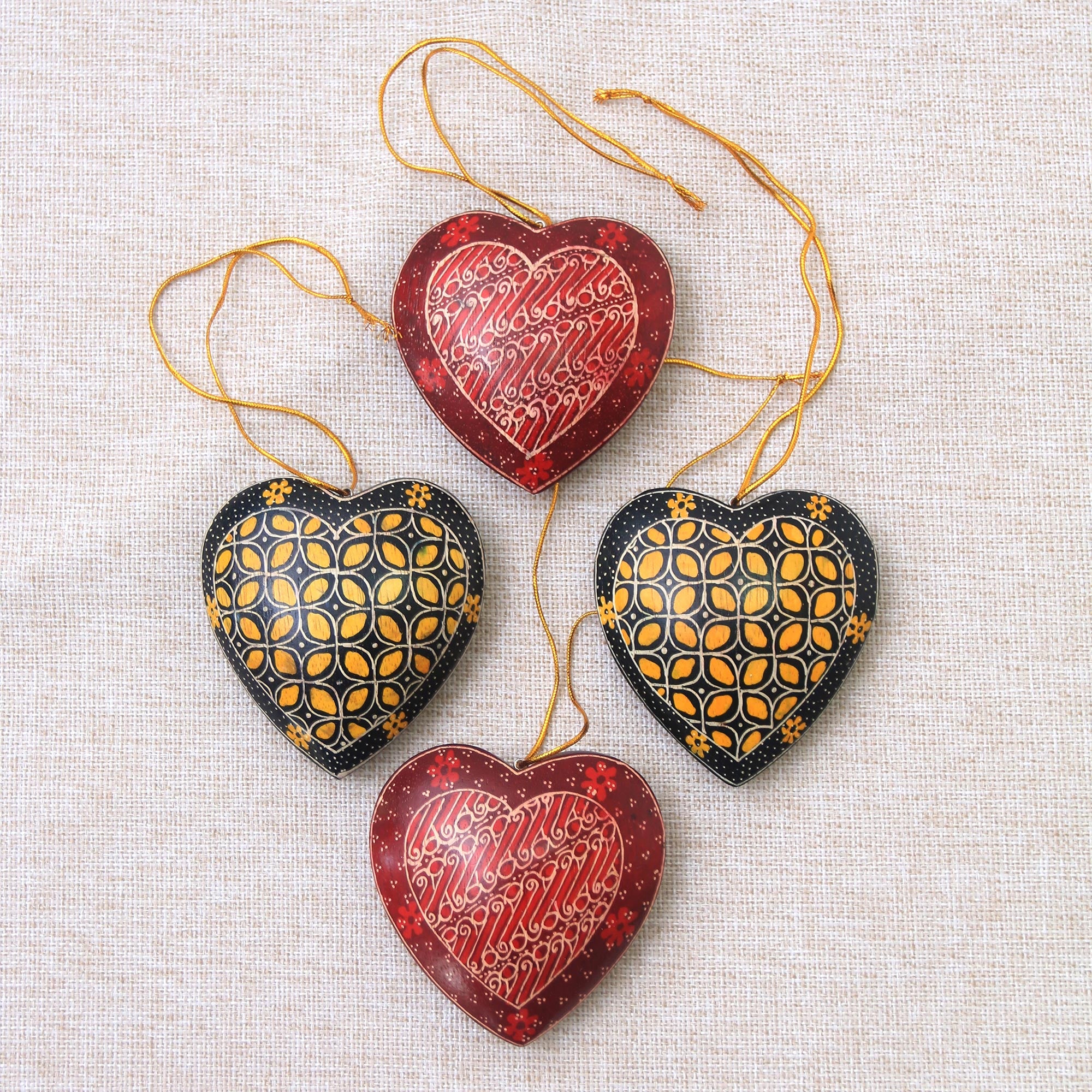 Premium Handcrafted Batik Wood Heart Ornaments - Set of 4, Traditional Java Design