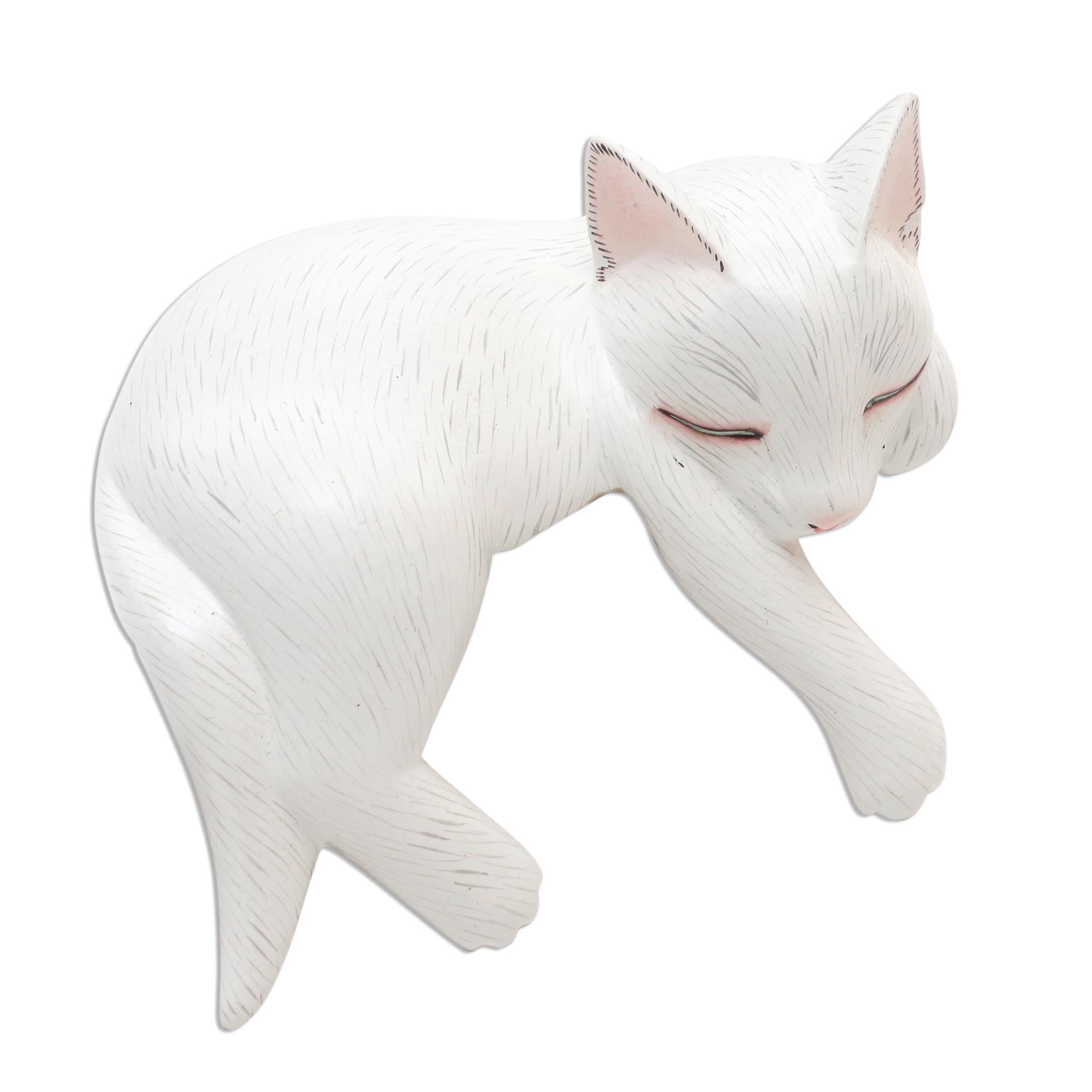 Premium Hand-Carved Suar Wood Cat Statue: White Lounging Cat