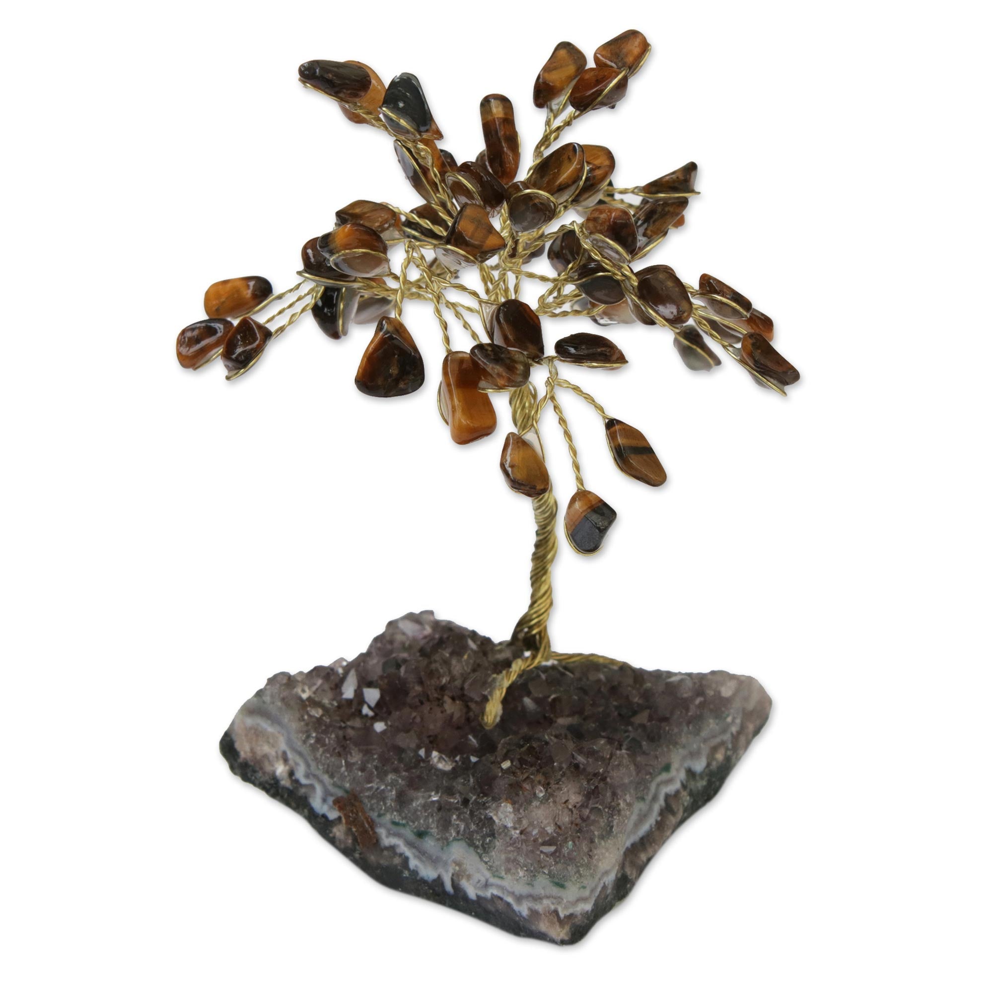 Premium Tiger's Eye & Amethyst Gemstone Tree Sculpture - Handcrafted in Brazil