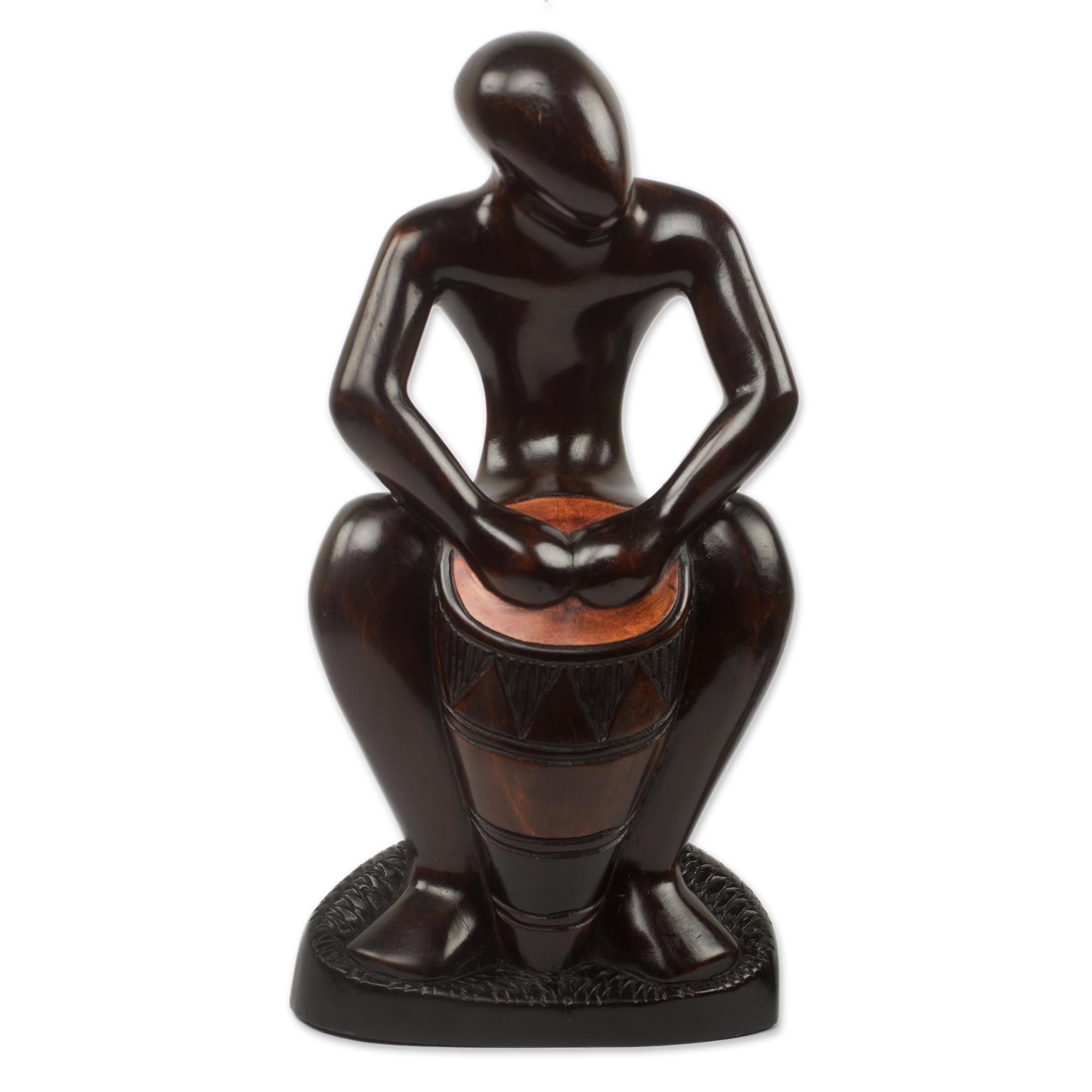 Premium Hand-Carved Ebony Wood Kpanlogo Drummer Sculpture