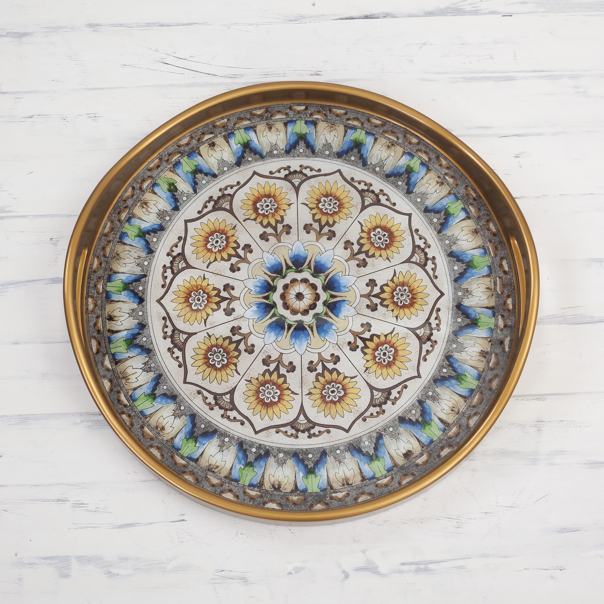 Premium Andean Mandala Reverse-Painted Glass Tray - Blue & Gold Artisan Design