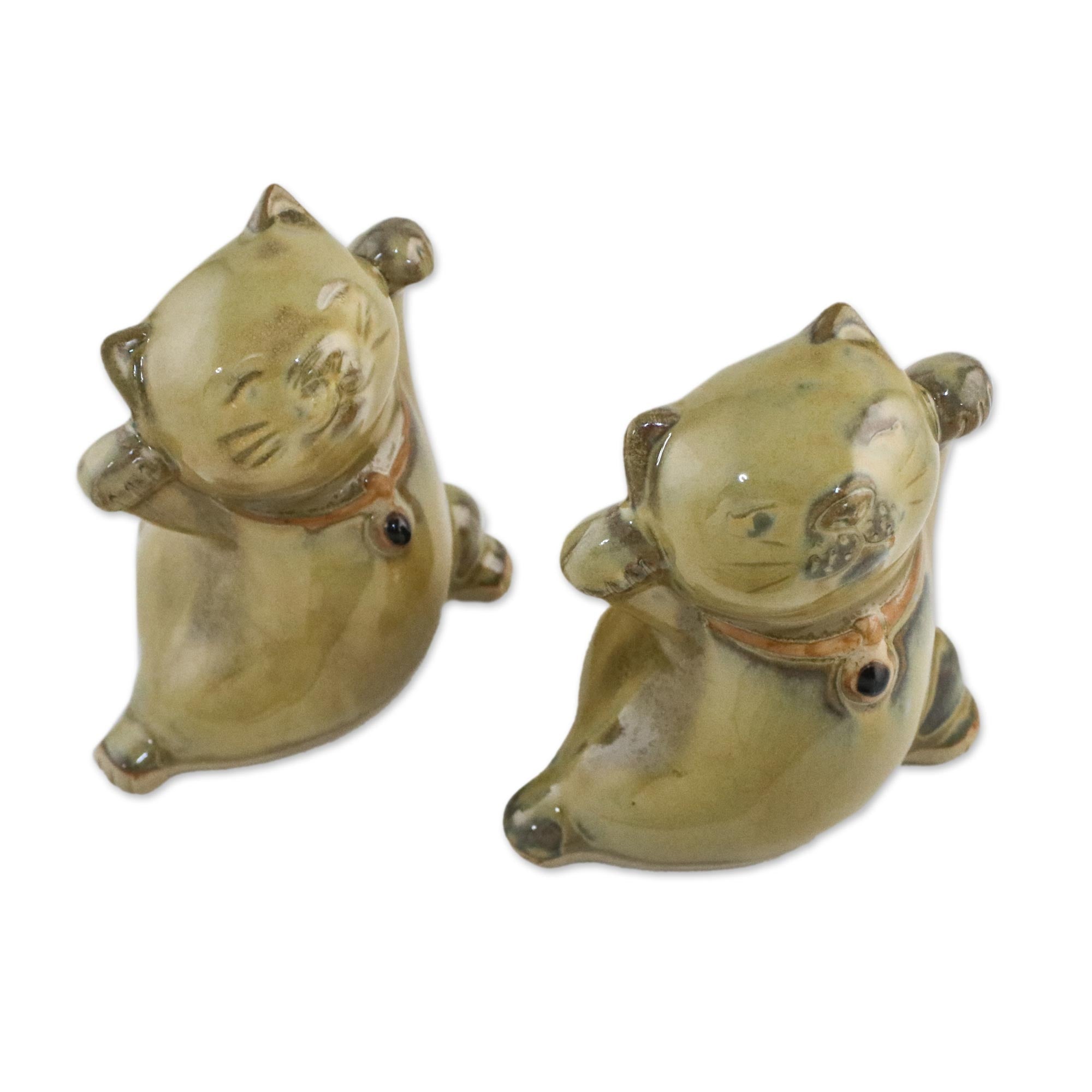 Premium Yellow Ceramic Lucky Cat Duo – Handcrafted in Thailand