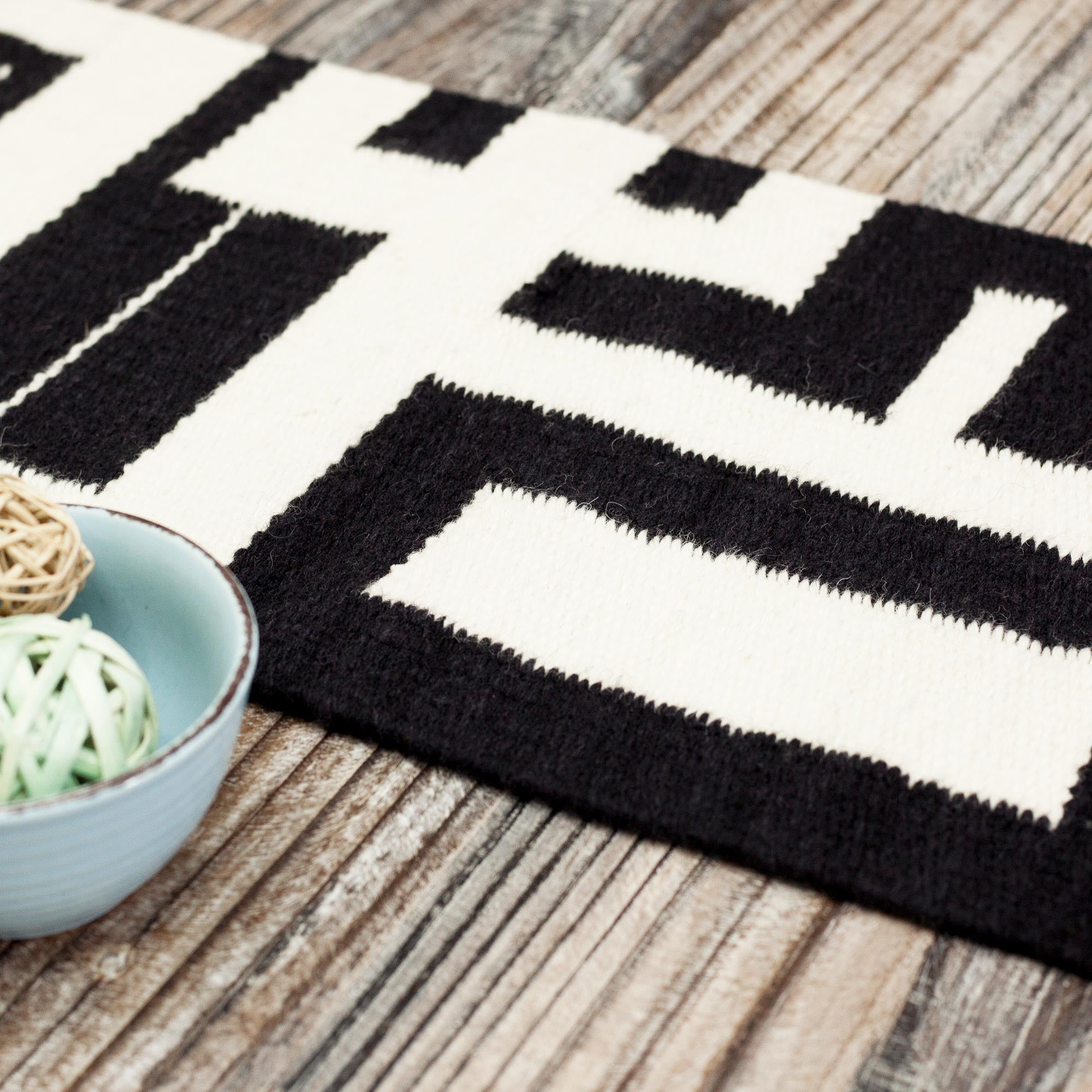 Premium Abstract Black & Alabaster Wool Table Runner – Handcrafted in Peru