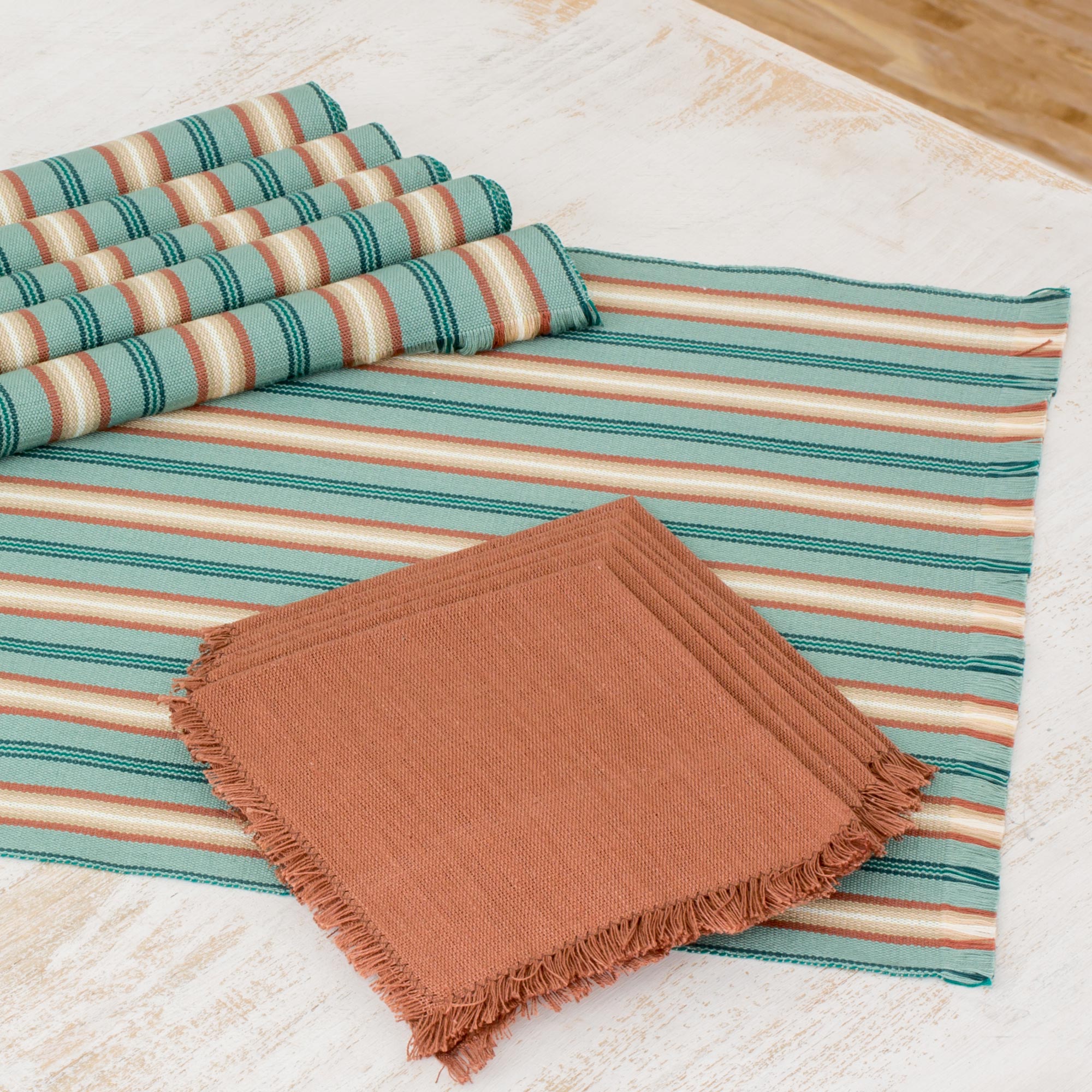 Premium Celadon Trails Cotton Placemat & Napkin Set – Handwoven Elegance