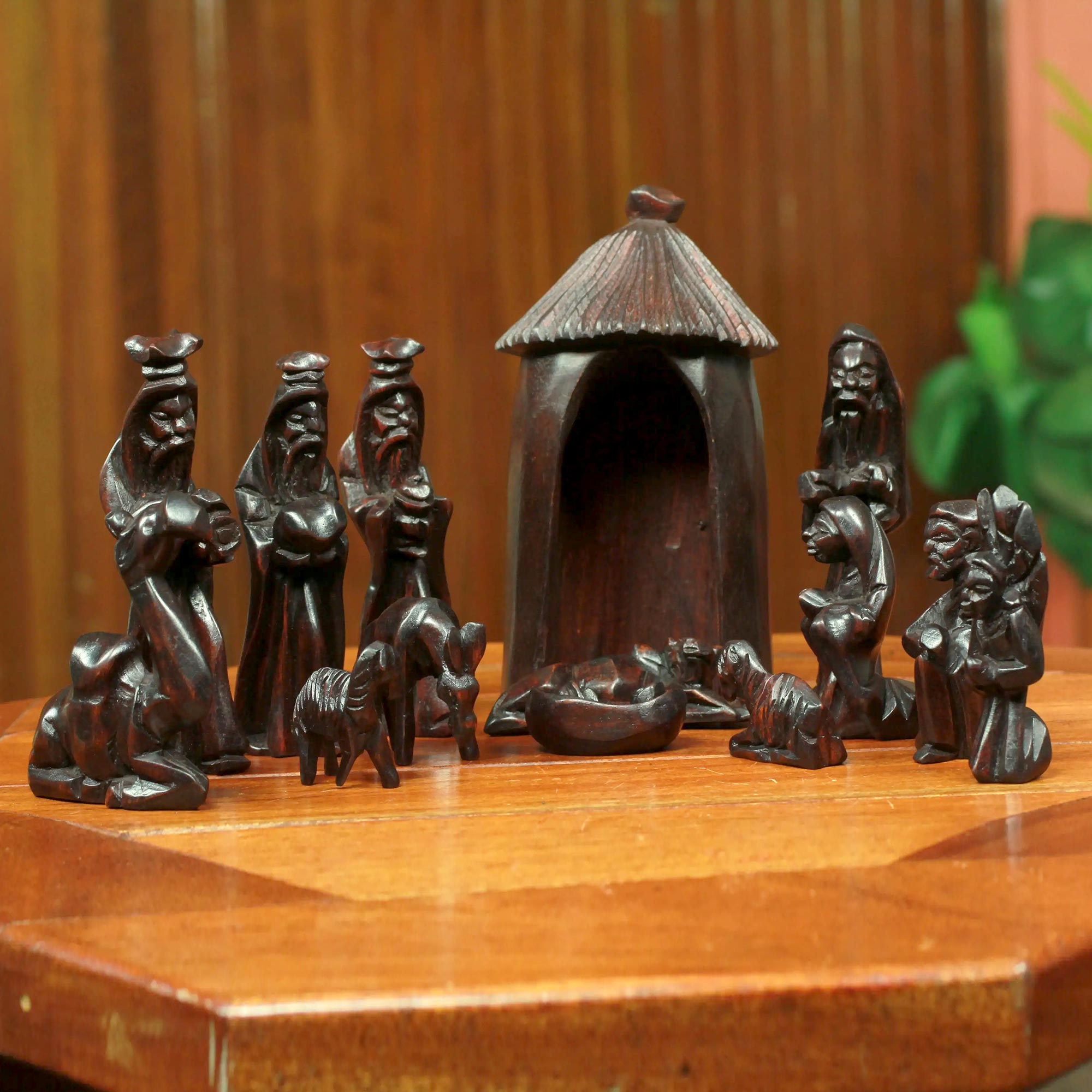 Premium Handcrafted Teak Wood Nativity Scene Sculpture - 14 Piece Set by Ghanaian Artisan