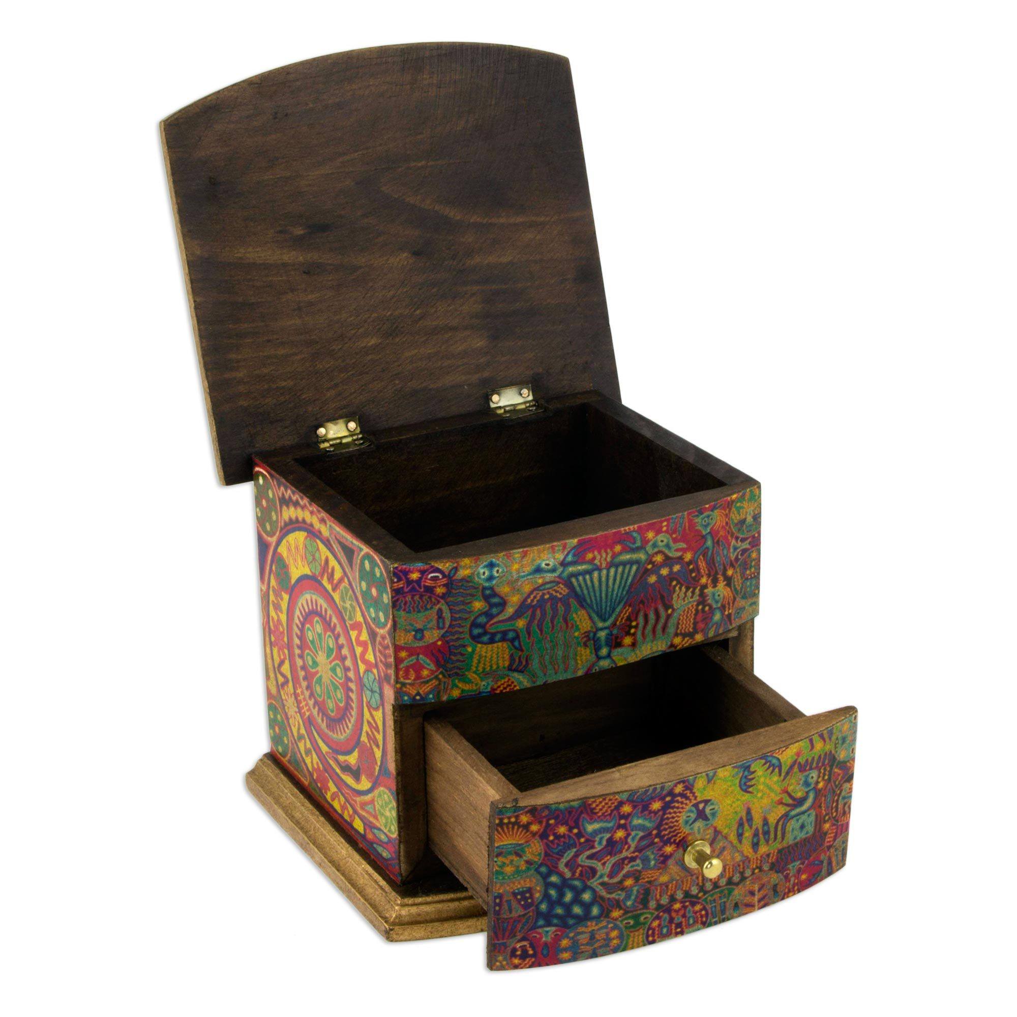 Premium Handcrafted Huichol Art Jewelry Box - Pinewood Decoupage Design
