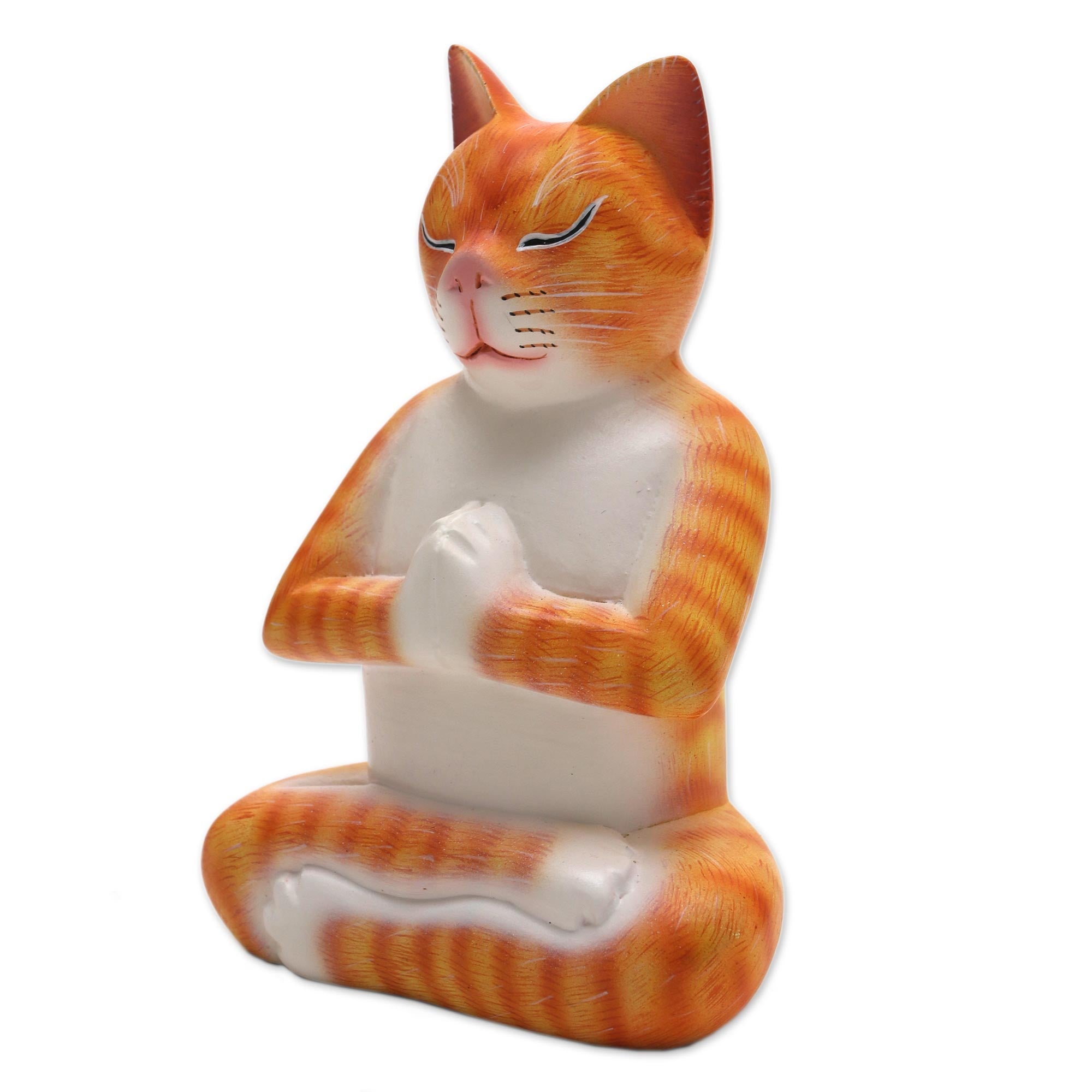 Premium Hand-Carved Meditation Cat Sculpture in Orange - Signed by Balinese Artisan