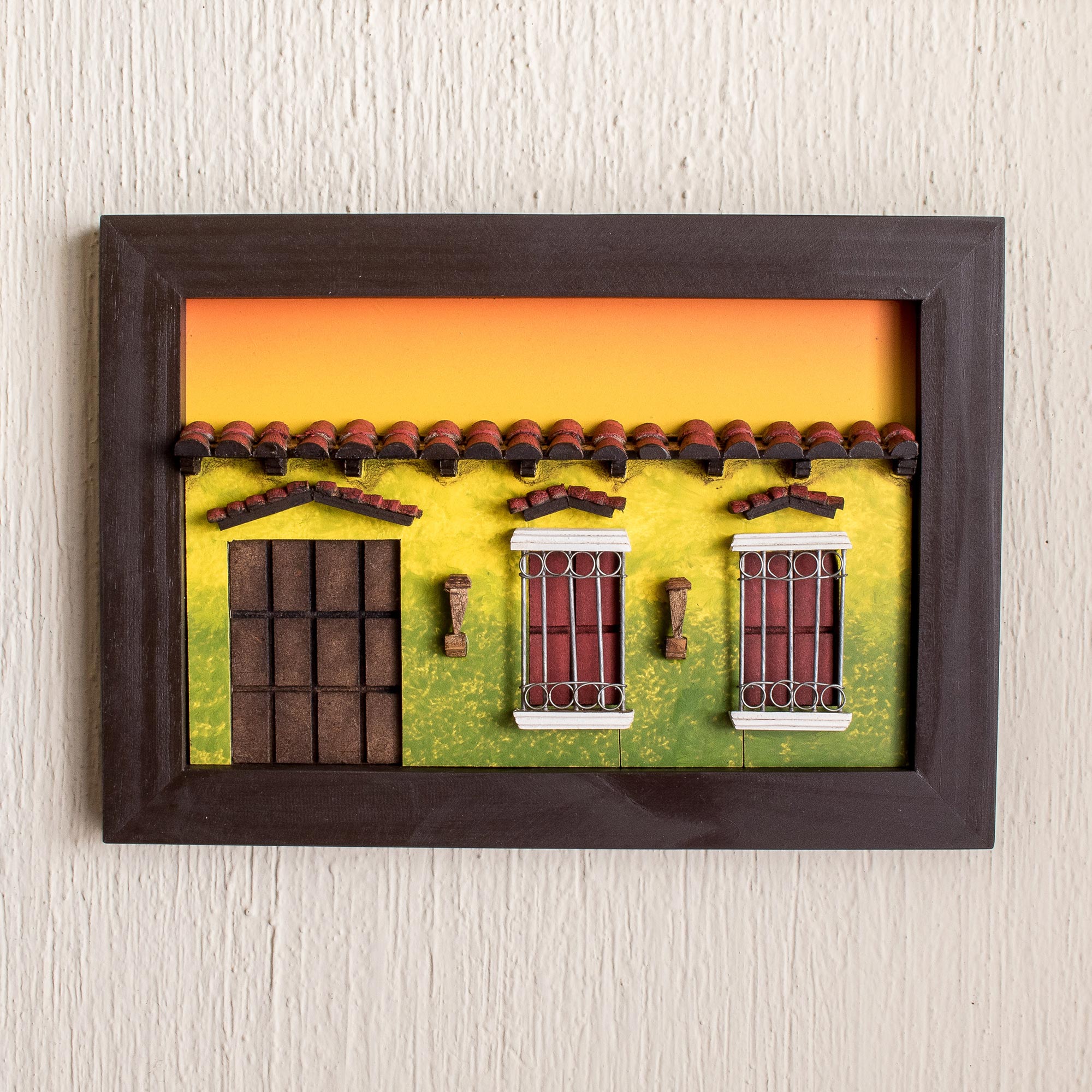 Premium El Salvador Memories Framed Wood Diorama – Traditional Home Façade Art