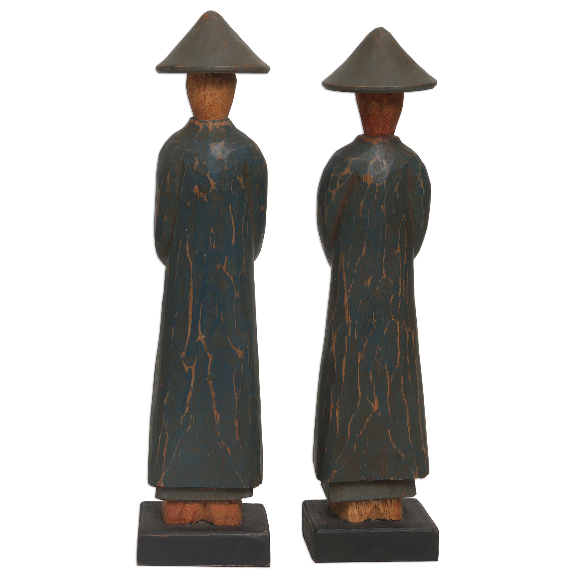 Premium Hand-Carved Dark Green Robed Farmer Statuettes - Peaceful Agrarian Duo