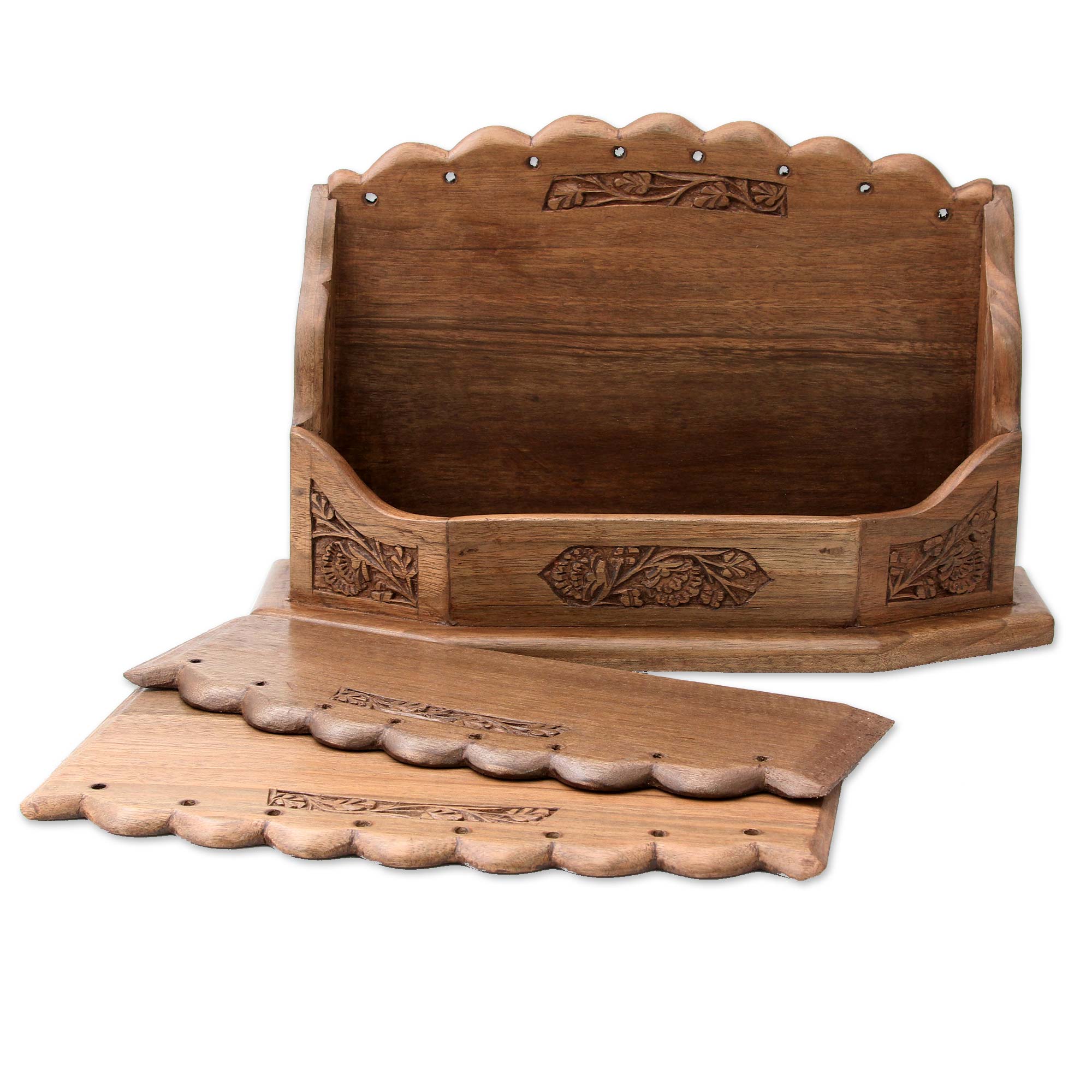 Premium Handcrafted Walnut Wood Letter Rack with Blooming Floral Design