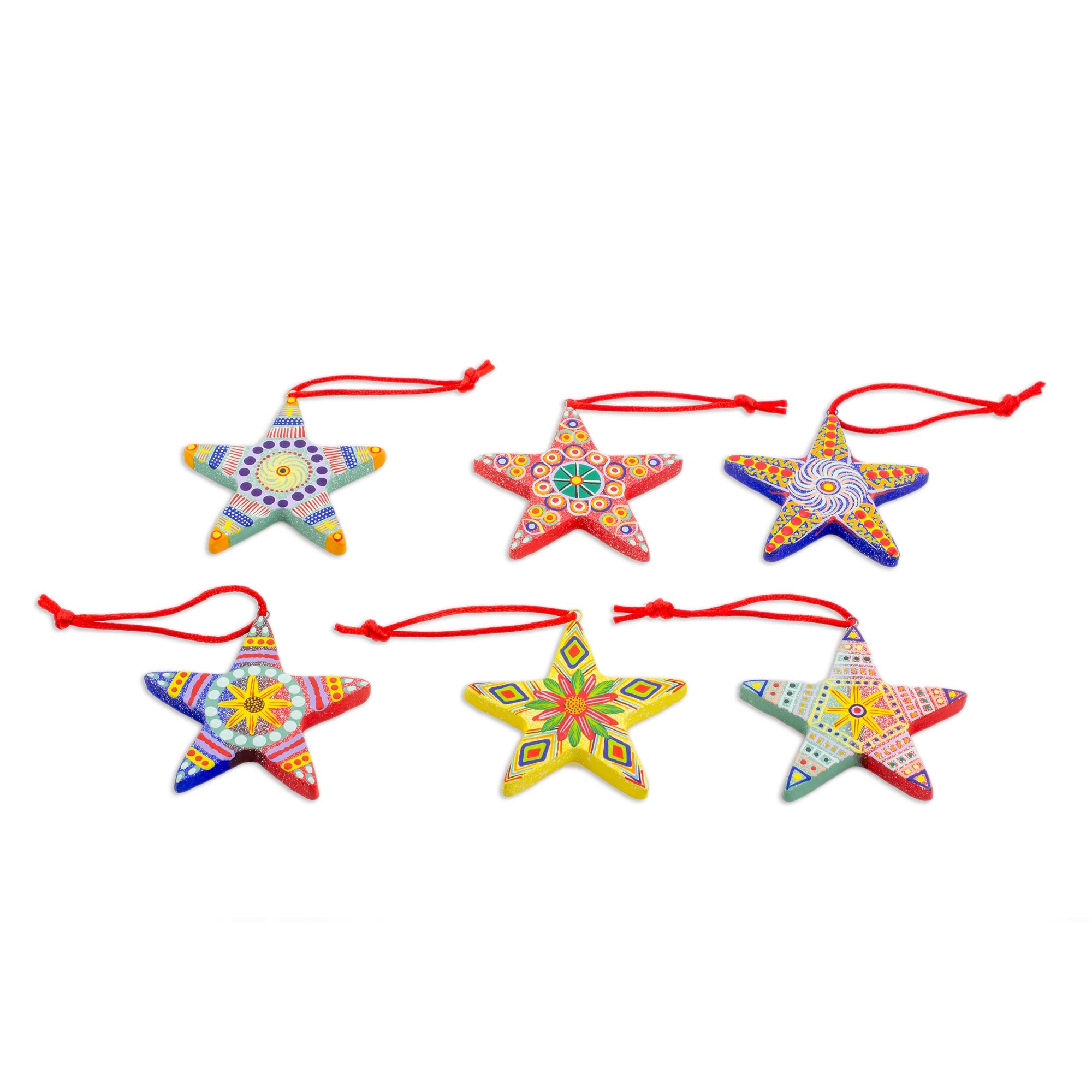 Premium Hand-Painted Christmas Star Ceramic Ornament Set - Set of 6