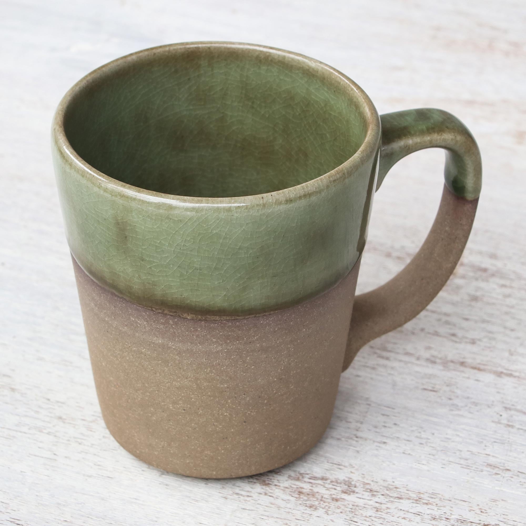 Premium Green Patina Handcrafted Ceramic Mug - Two-Tone Brown & Green
