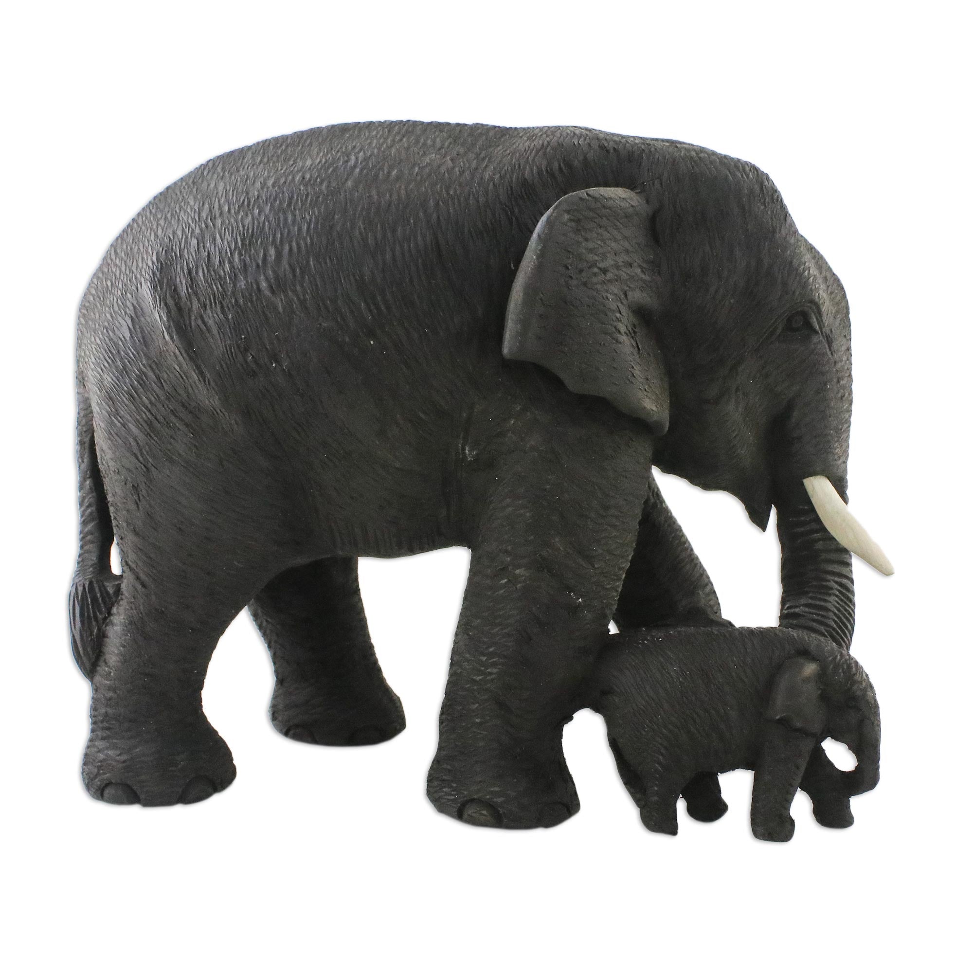 Premium Hand-Carved Teak Elephant Mother & Child Figurine - Ultimate Home Decor