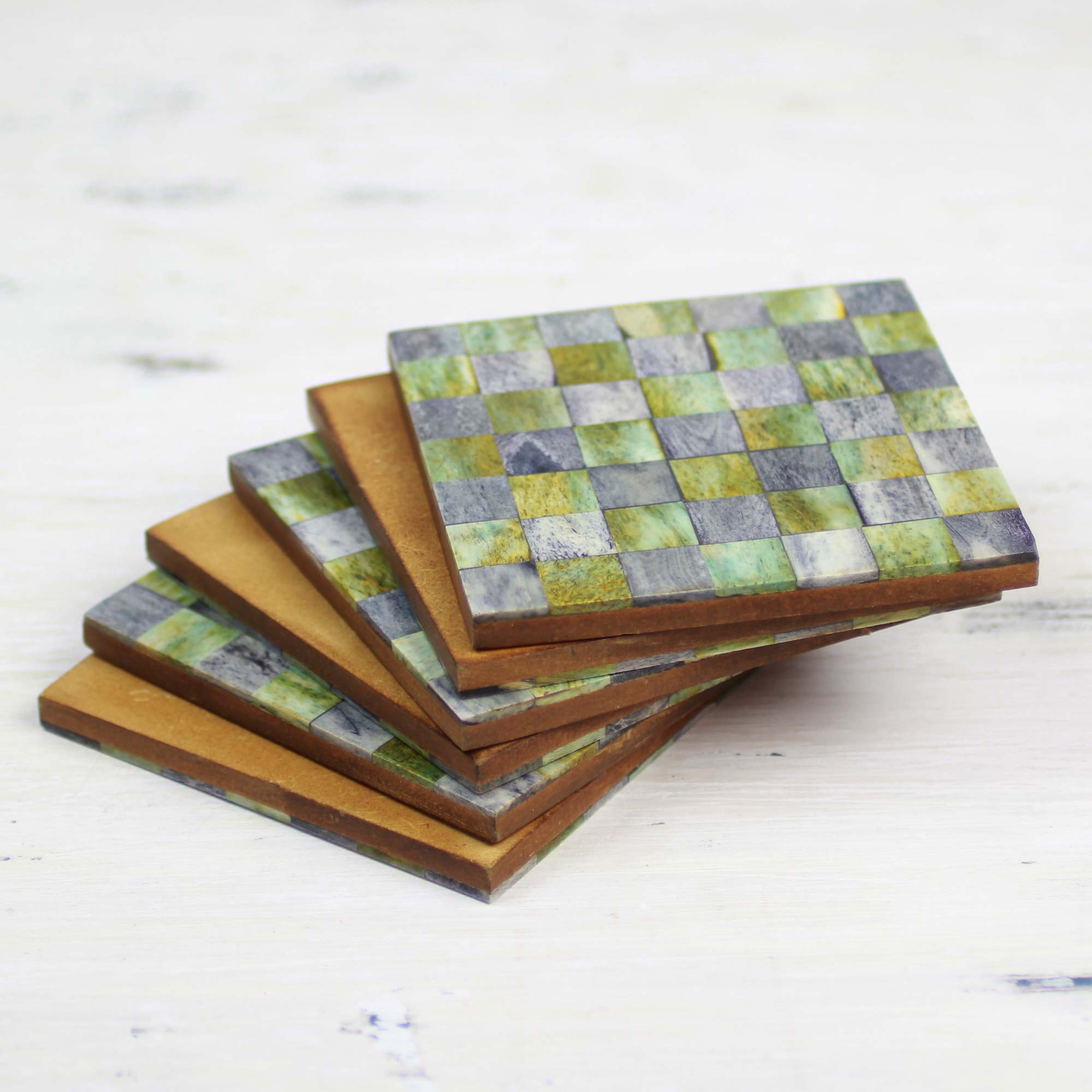 Premium Handcrafted Green & Grey Checkerboard Bone Coasters - Set of 6