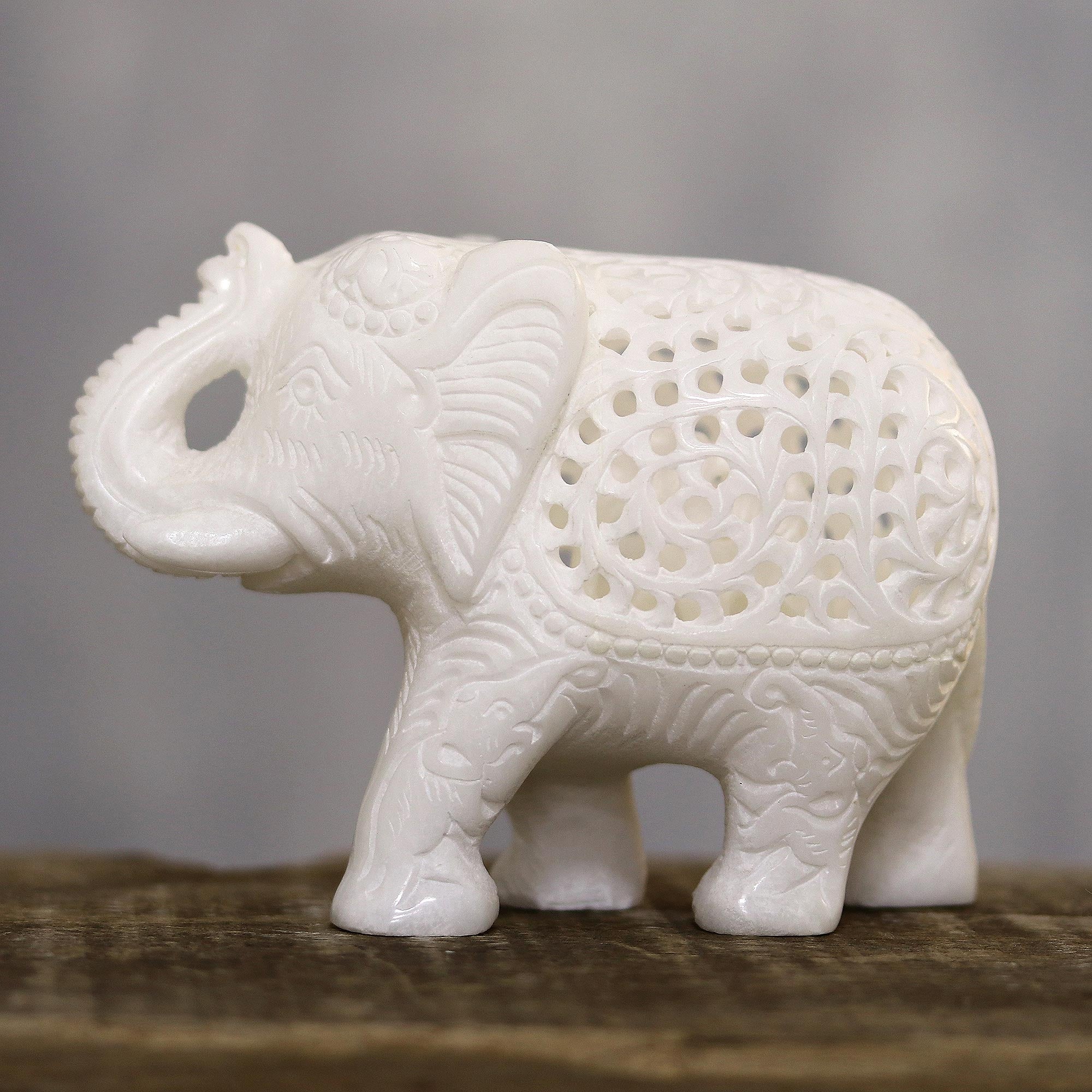Premium Hand-Carved Alabaster Elephant Sculpture with Intricate Jali Design