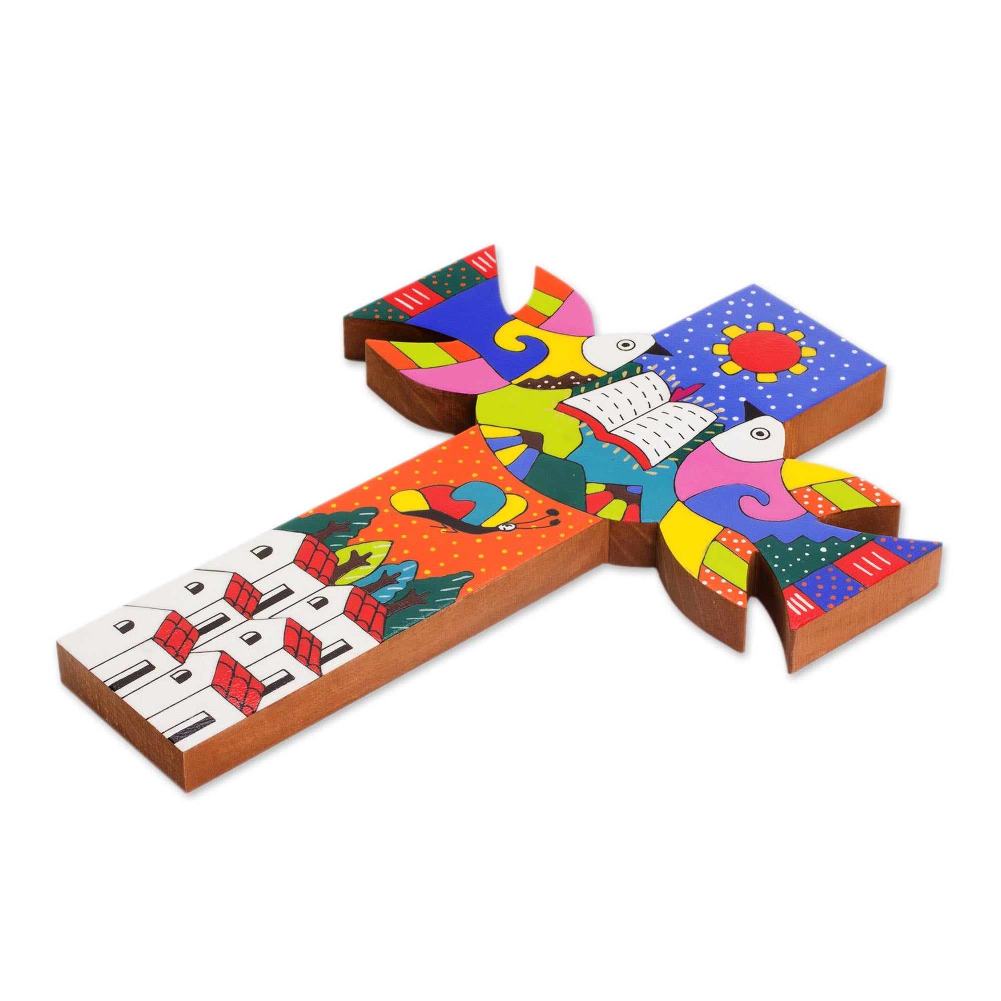 Premium Hand-Painted Pinewood Wall Cross with Sacred Book Design from El Salvador