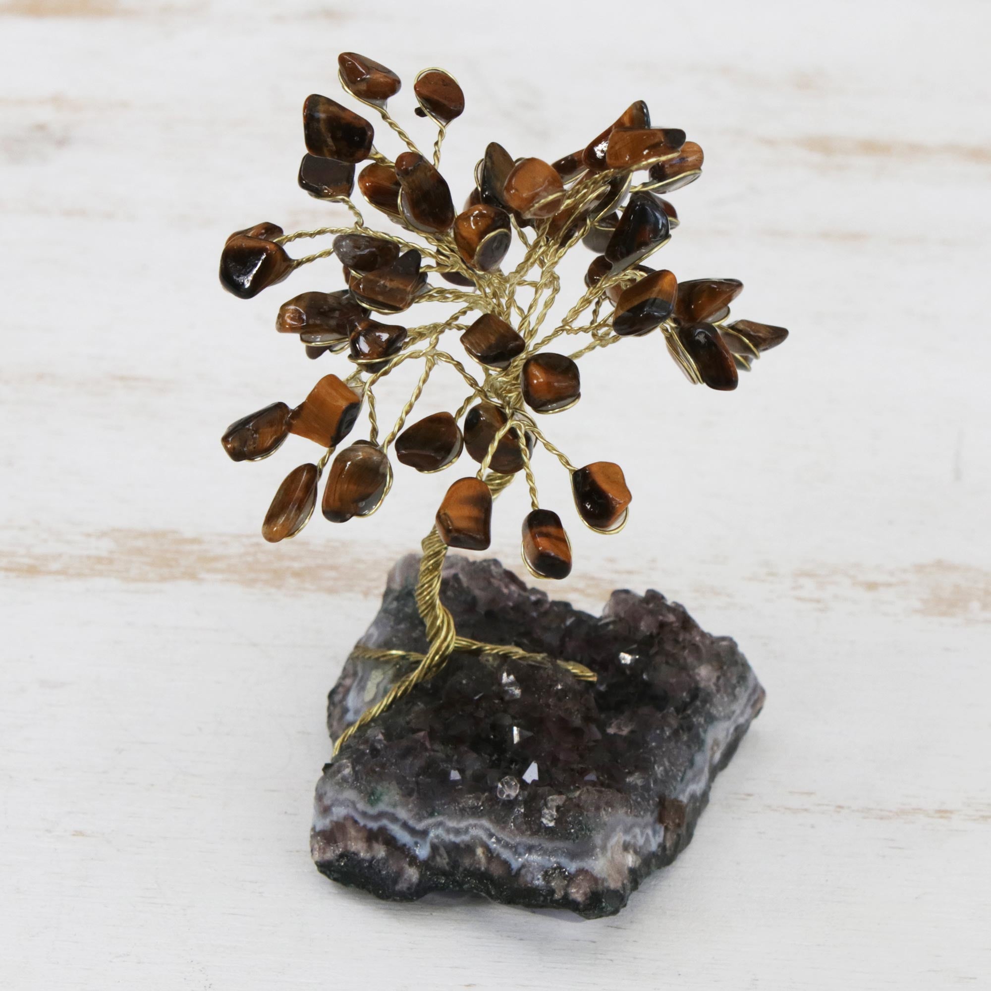 Premium Tiger's Eye & Amethyst Gemstone Tree Sculpture - Handcrafted in Brazil