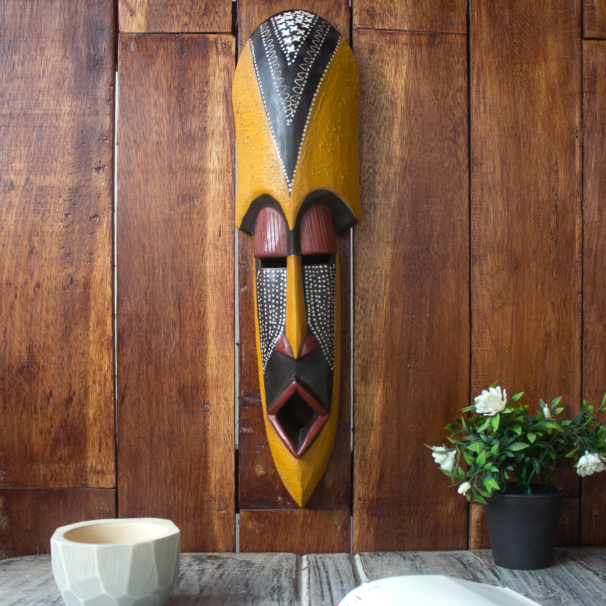 Premium Akan Friend Carved Wood Authentic African Wall Mask