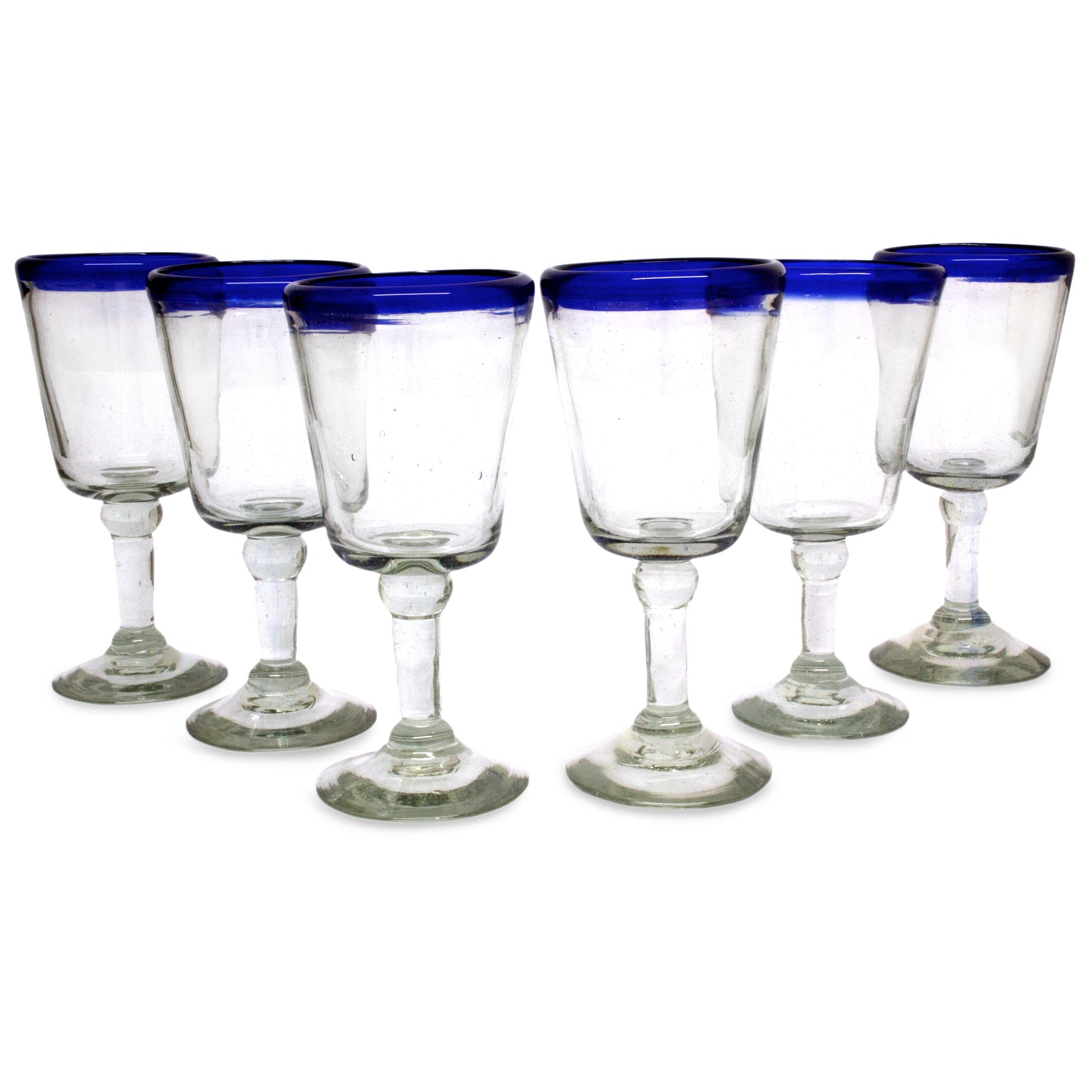 Premium Hand-Blown Chardonnay Wine Glasses - Set of 6 Artisan Blue Rim Goblets from Mexico
