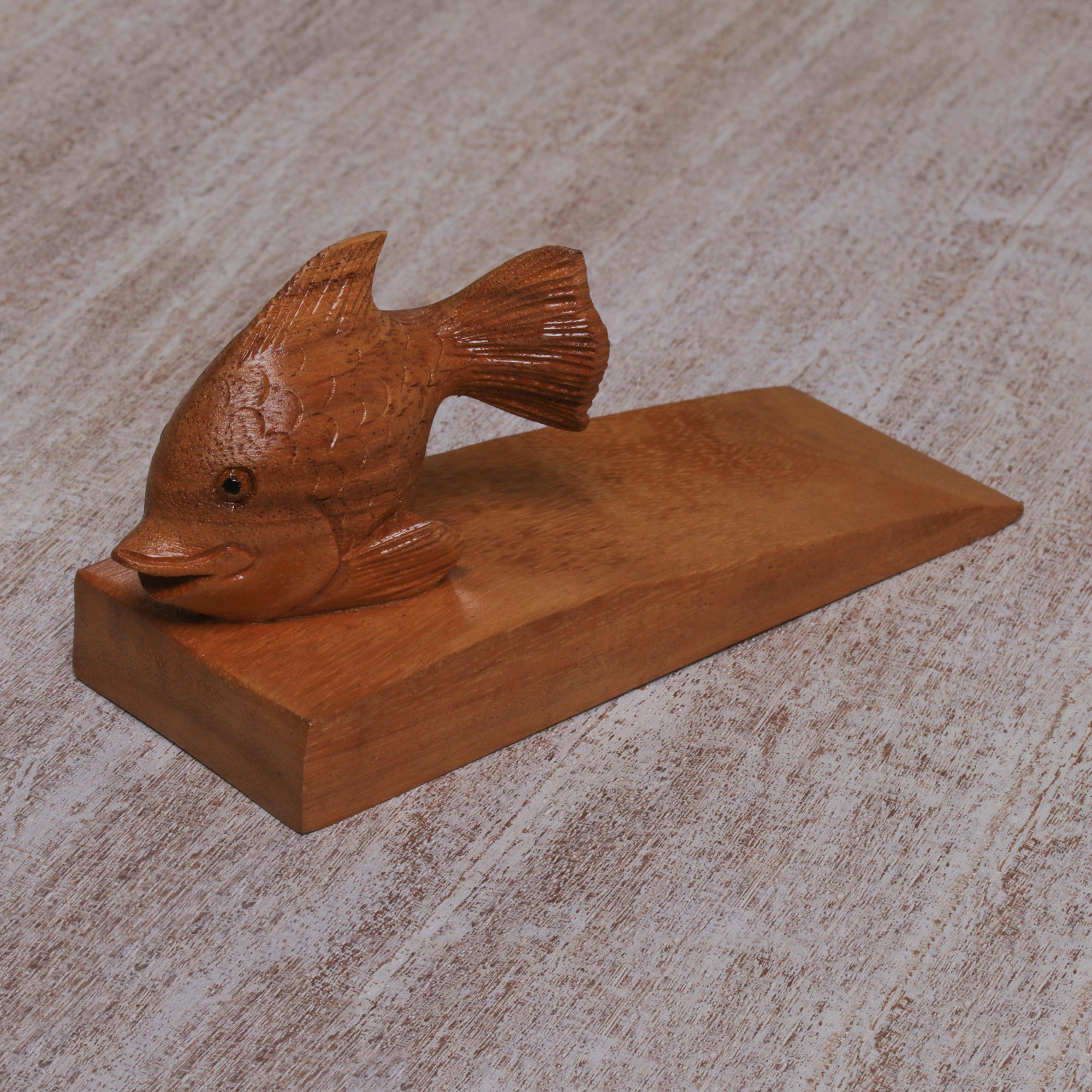Premium Handcrafted Suar Wood Goldfish Doorstop from Bali - Natural Brown Finish