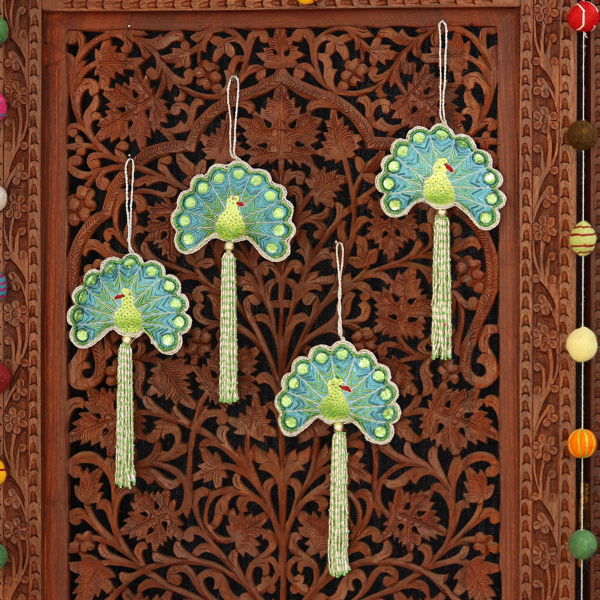 Premium Handcrafted Peacock Hanging Ornaments - Set of 4