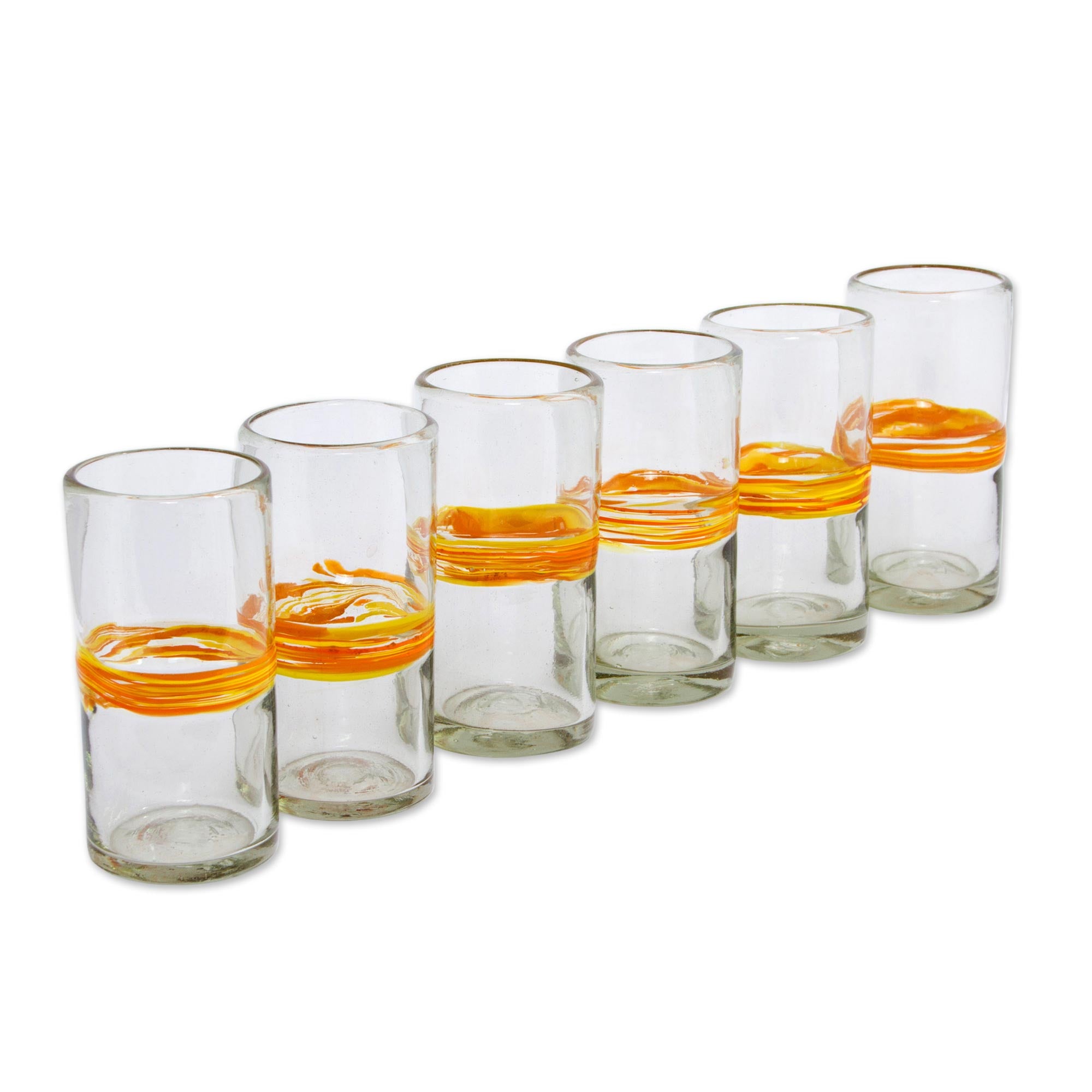 Premium Ribbon of Sunshine: Set of 6 Handcrafted Recycled Glass Tumblers with Vibrant Orange Stripe