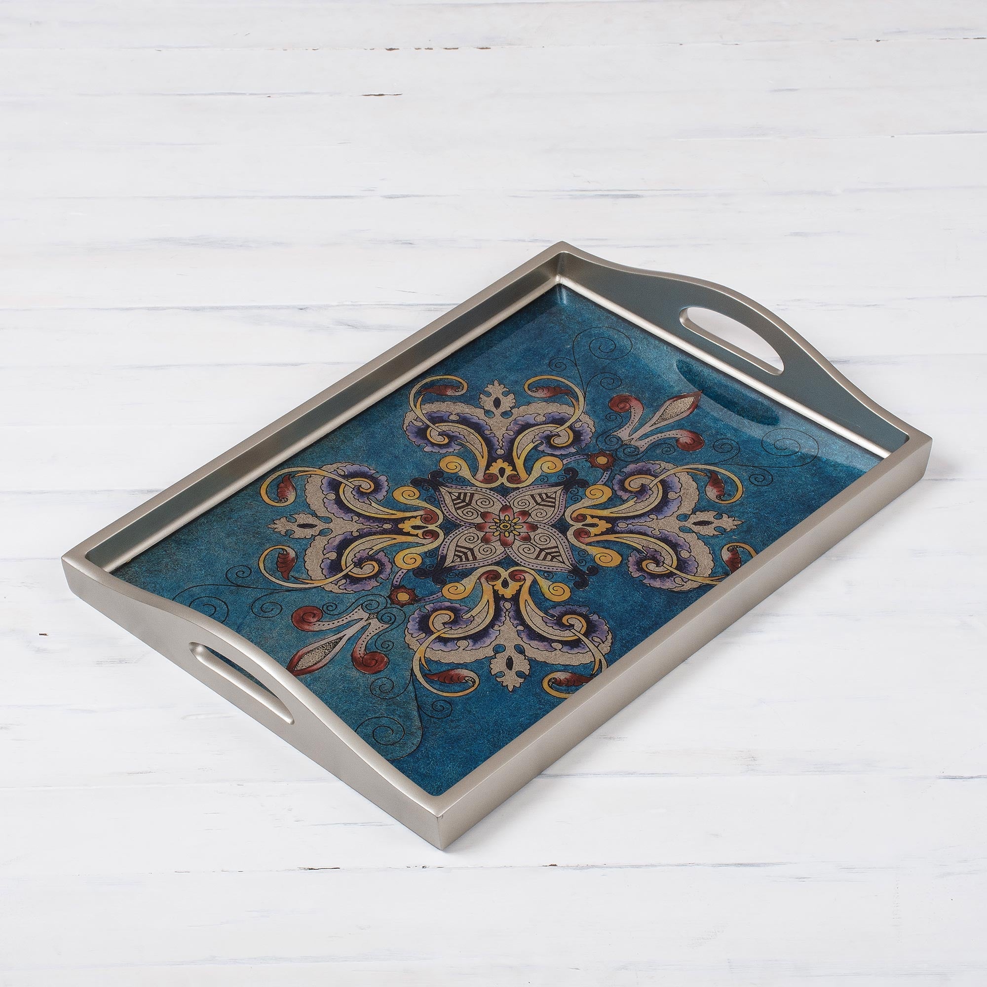 Premium Hand-Painted Blue Floral Glass Tray – Handcrafted Artisan Design from Peru