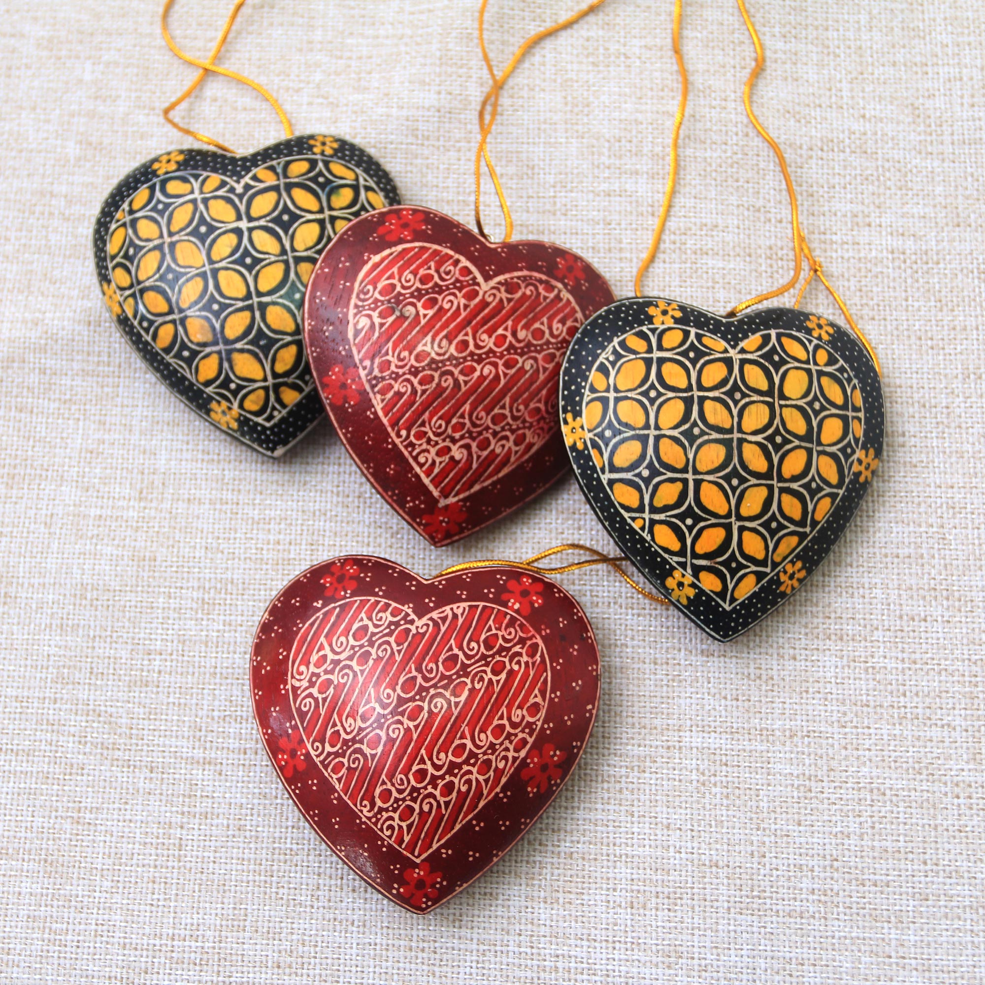 Premium Handcrafted Batik Wood Heart Ornaments - Set of 4, Traditional Java Design
