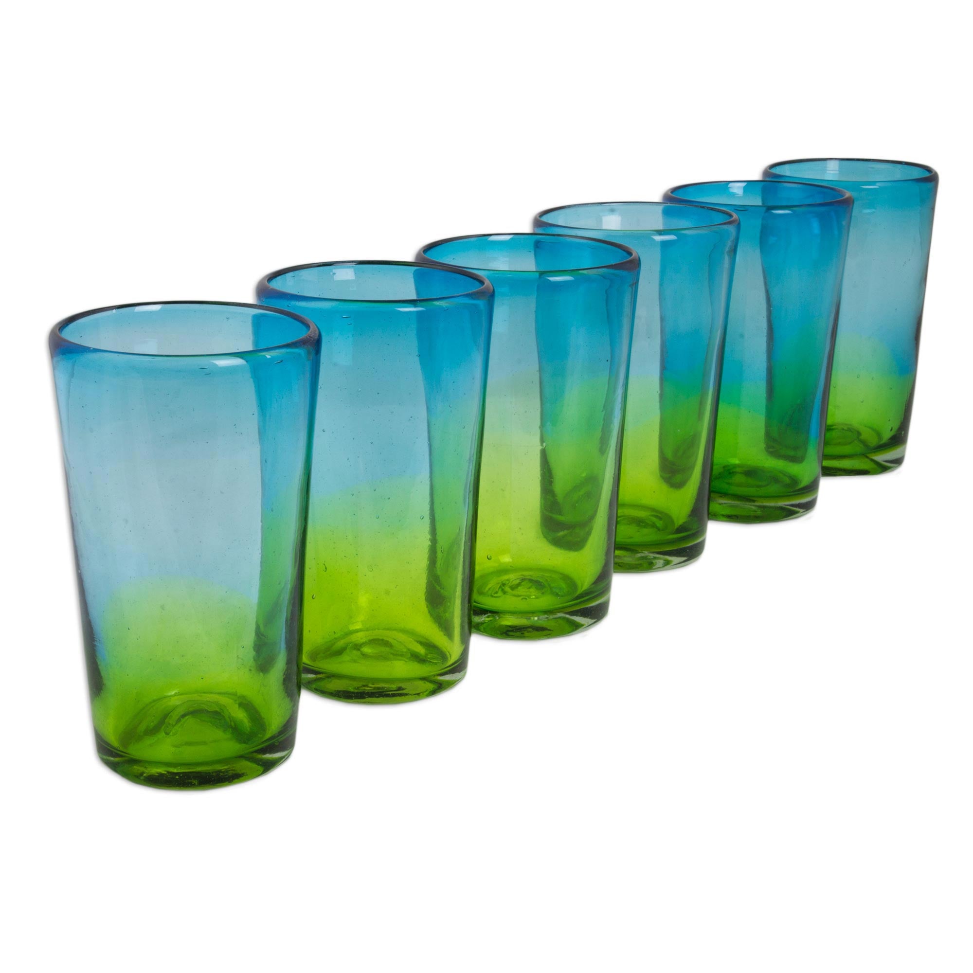Premium Aurora Tapatia 6-Piece Handcrafted Blue Green Blown Glass Highball Set