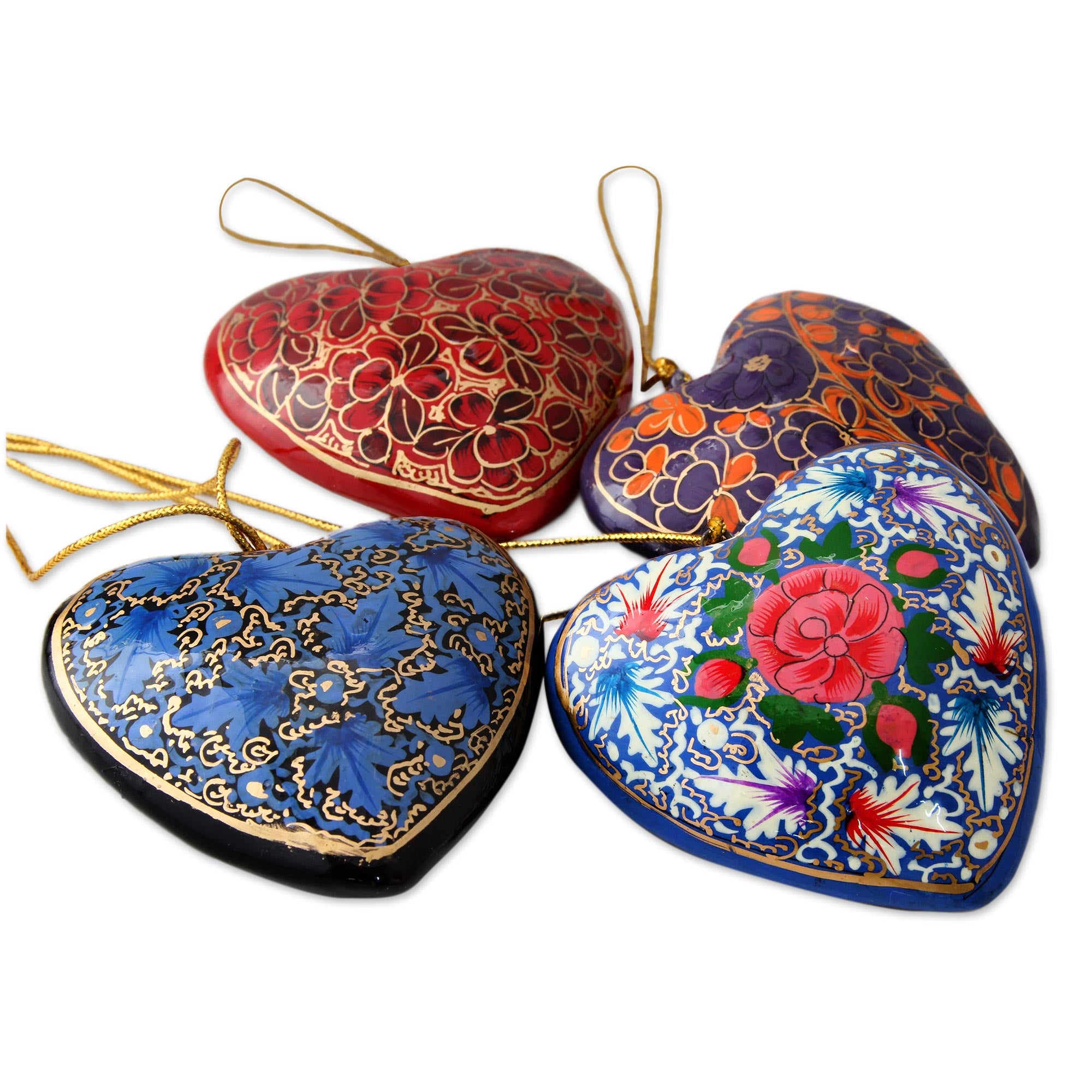 Premium Handcrafted Bouquet of Hearts: 4 Artisan Papier Mache Ornaments with Floral Designs