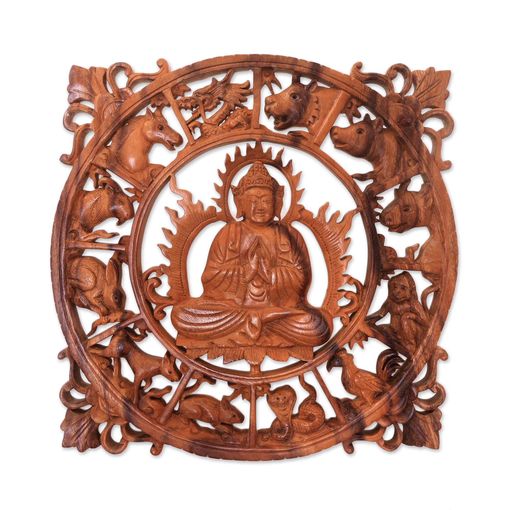 Premium Zodiac Buddha Wood Relief Panel – Handcrafted in Bali