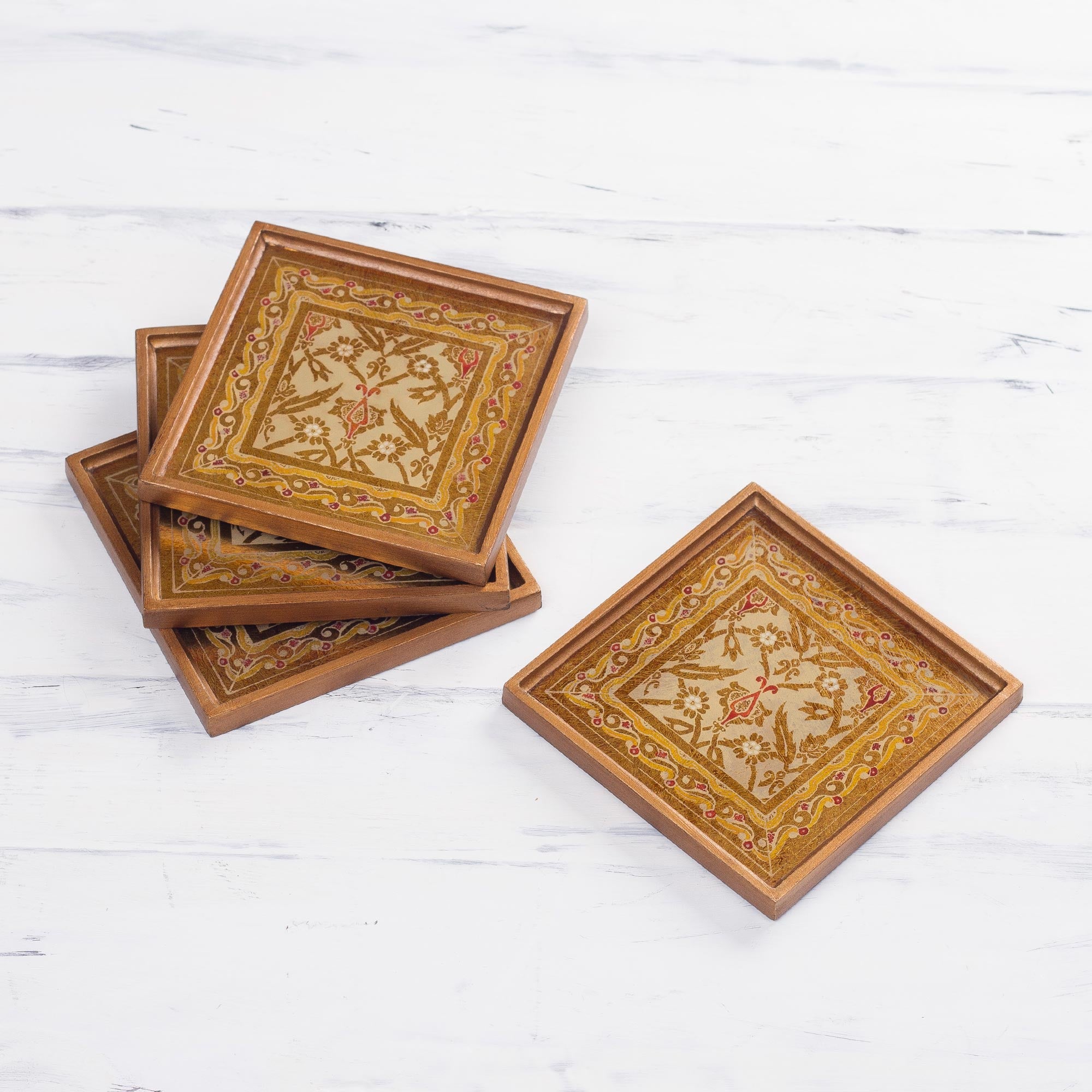 Premium Colonial Gold Floral Coasters Set - Handcrafted Reverse Painted Glass