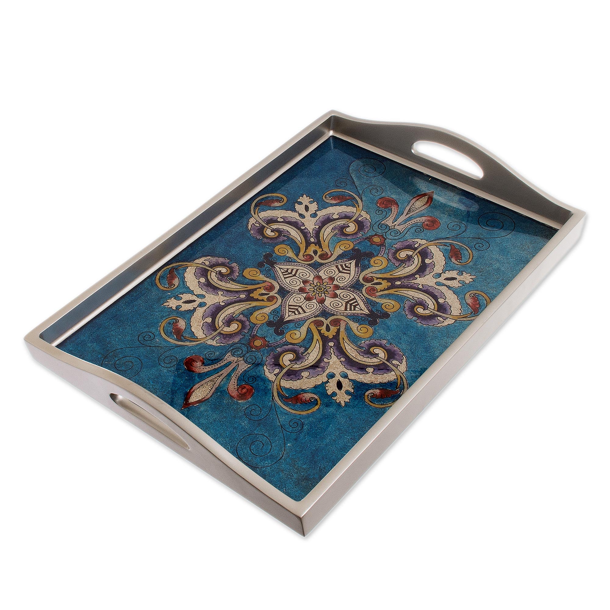 Premium Hand-Painted Blue Floral Glass Tray – Handcrafted Artisan Design from Peru
