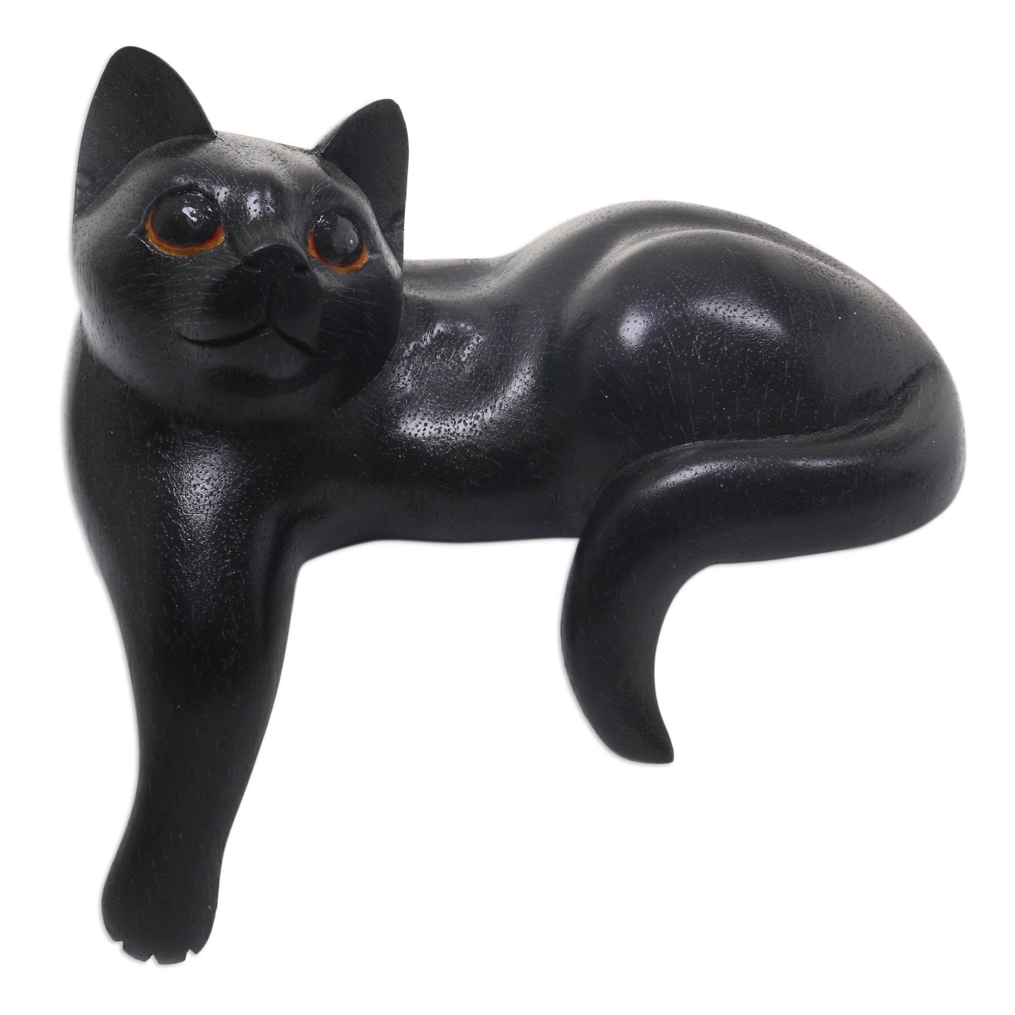 Premium Watchful Black Cat Hand-Carved Wooden Sculpture with Elegant Black Finish