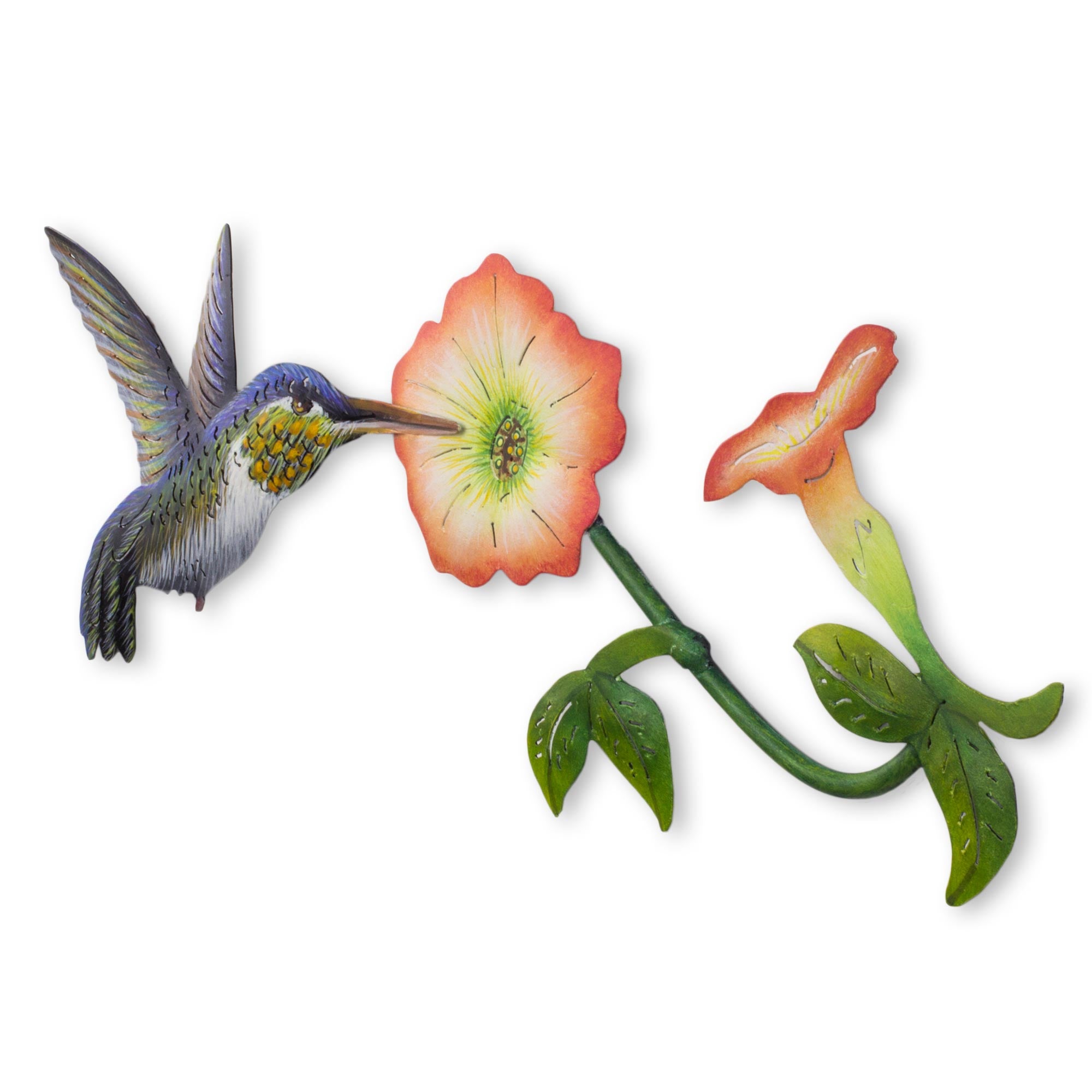 Premium Handcrafted Steel Wall Art - Orange Hummingbird & Exotic Flowers