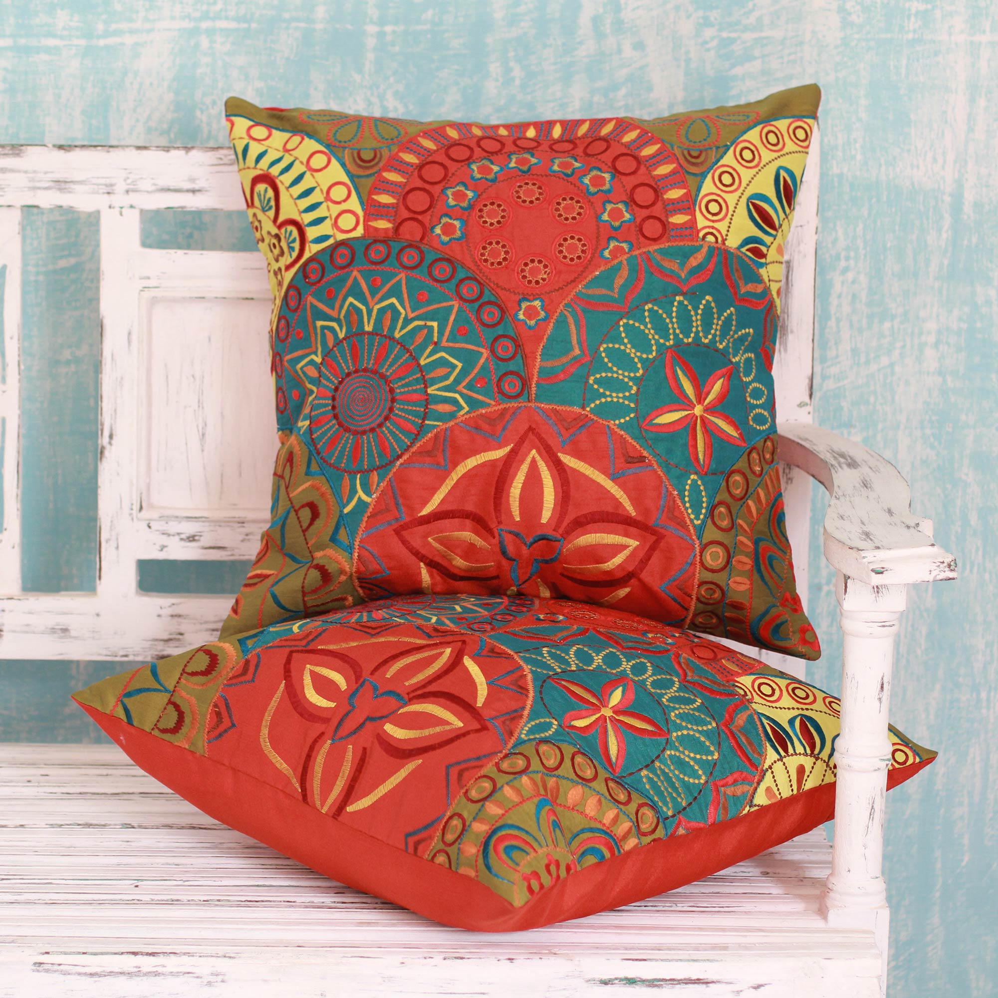 Premium Glorious 2 Teal & Orange Embroidered Cushion Covers - Upgrade Your Decor