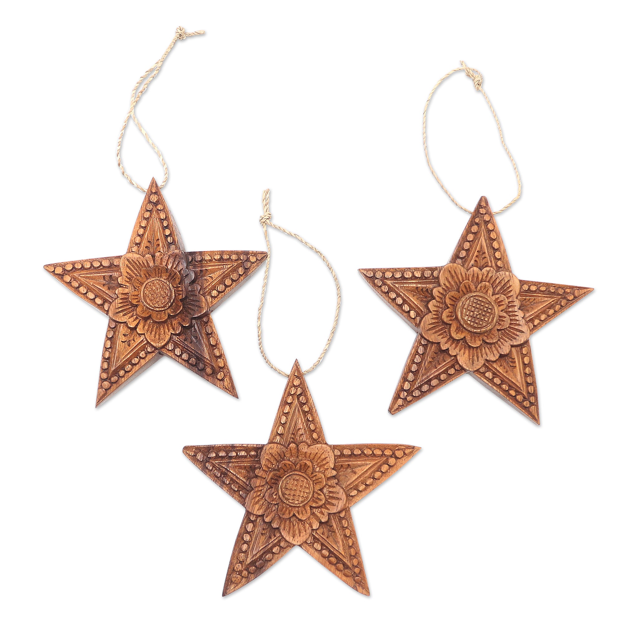 Premium Hand-Carved Star-Shaped Christmas Ornaments – Set of 3