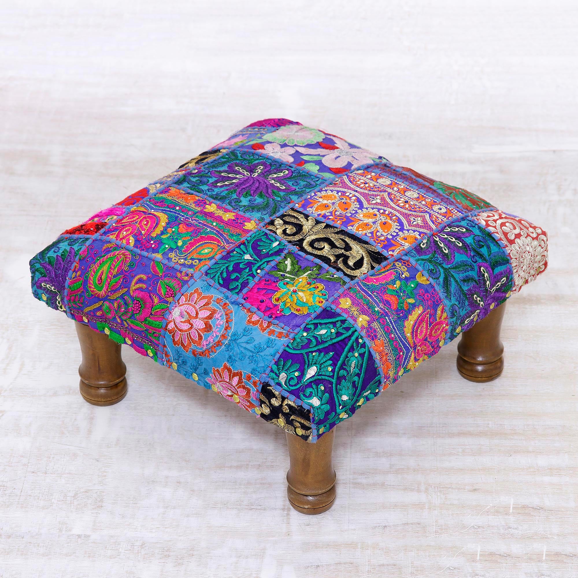 Premium Handcrafted Patchwork Ottoman Footstool - Rajasthani Artisan Design
