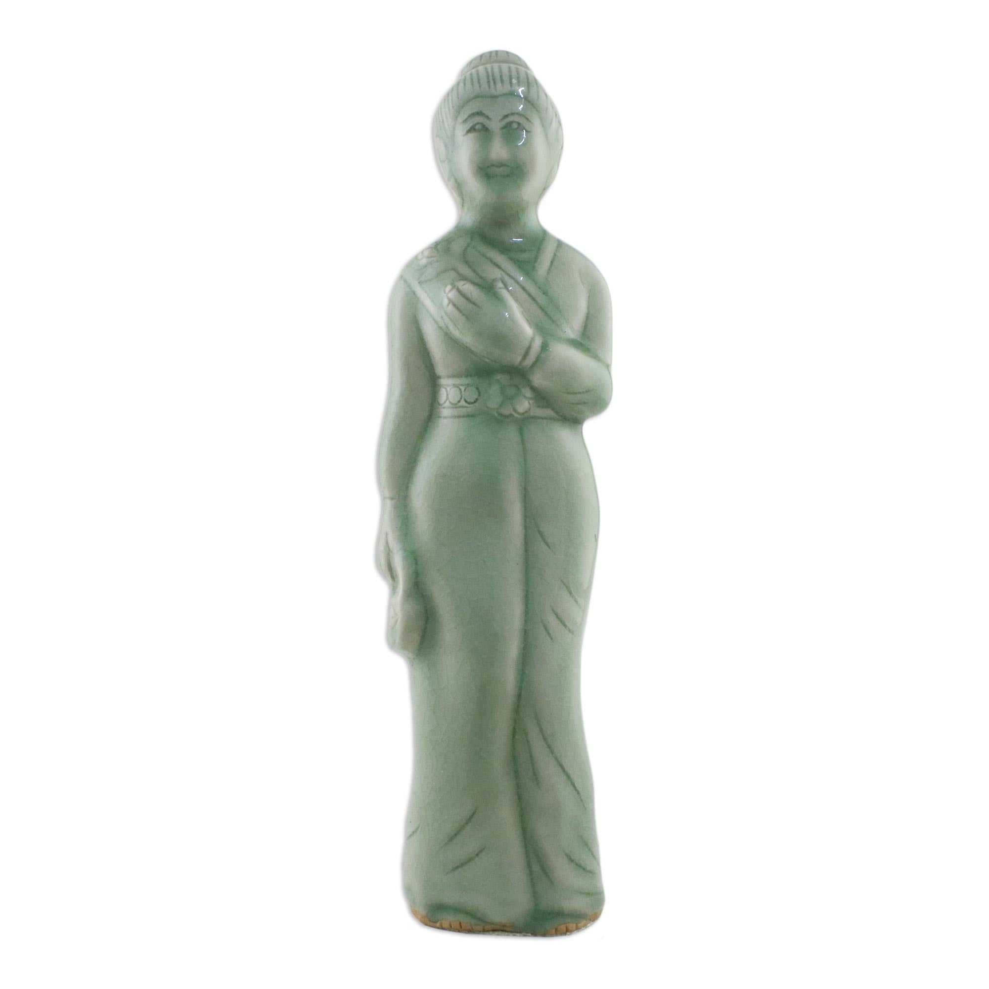 Premium Celadon Queen Statue - Handcrafted Thai Royalty Sculpture