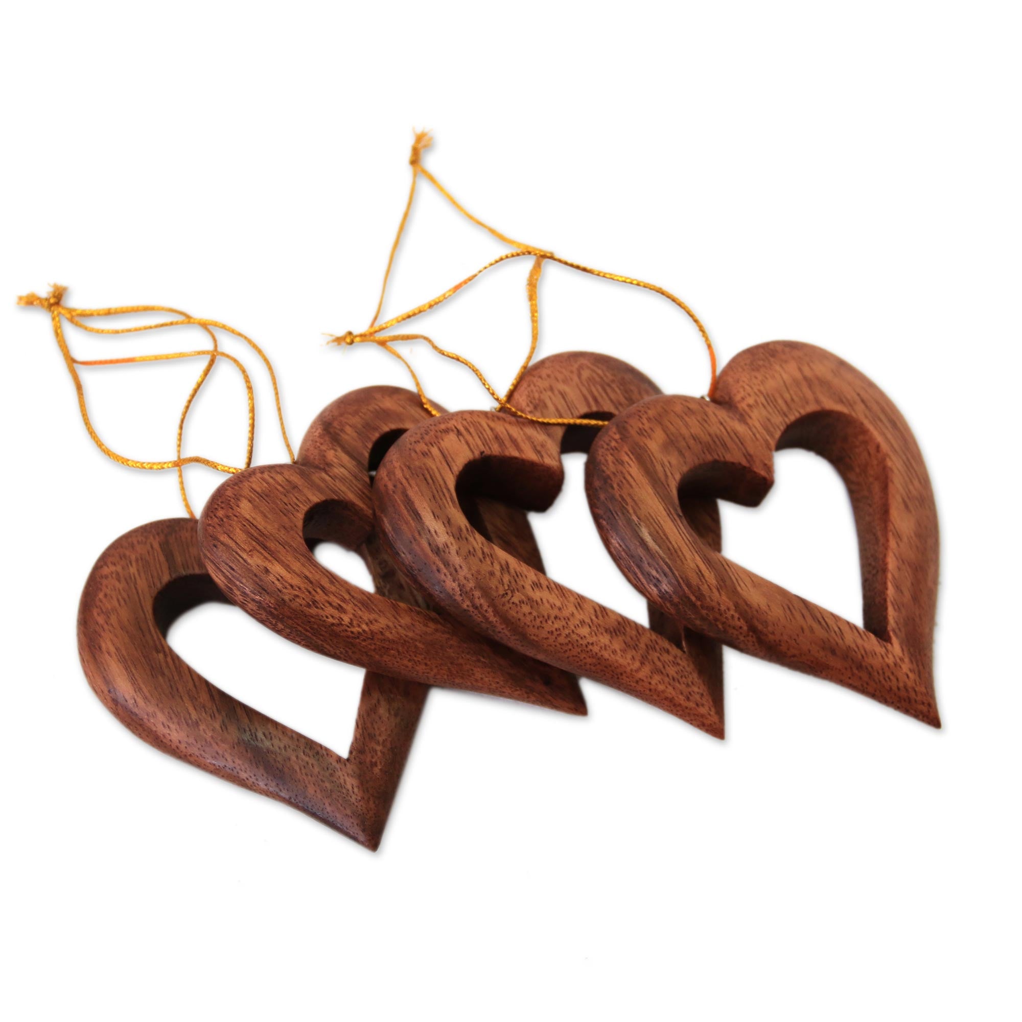 Premium Hand-Carved Heart-Shaped Suar Wood Ornaments from Bali - Set of 4